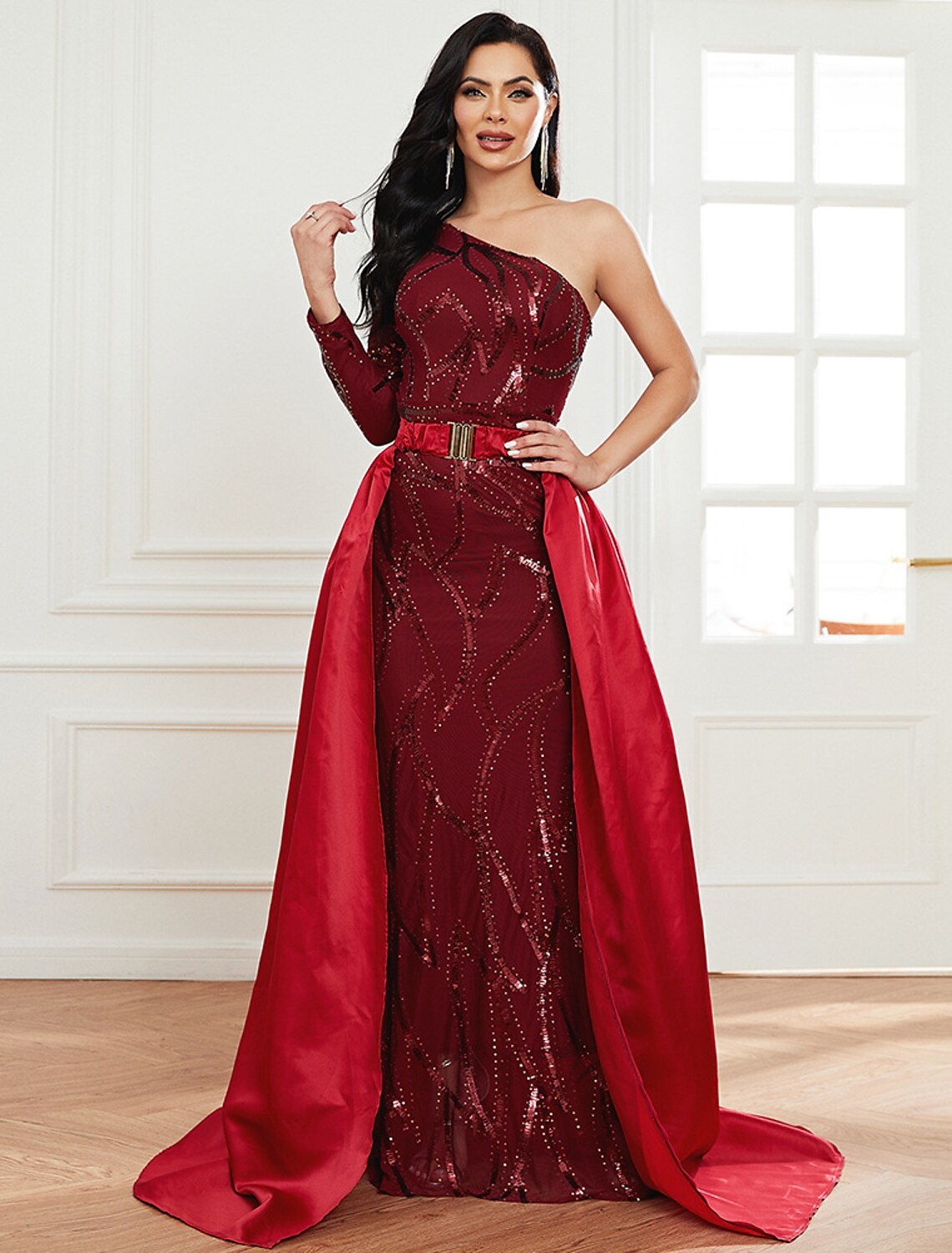 Elegant Mermaid One Shoulder Long Sleeve Sequin Black Formal Evening Gown.
