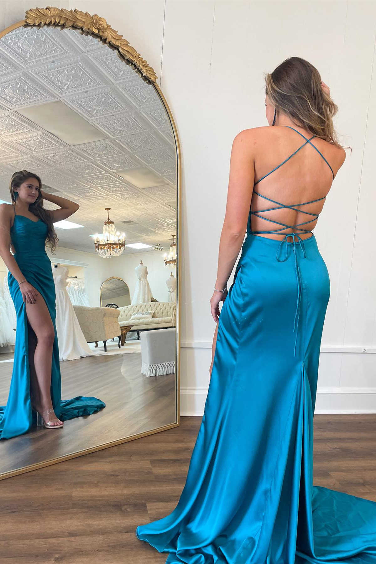 Elegant Mermaid Sweetheart Spaghetti-Strap Lace-Up High-Slit Floor-Length Prom Dress