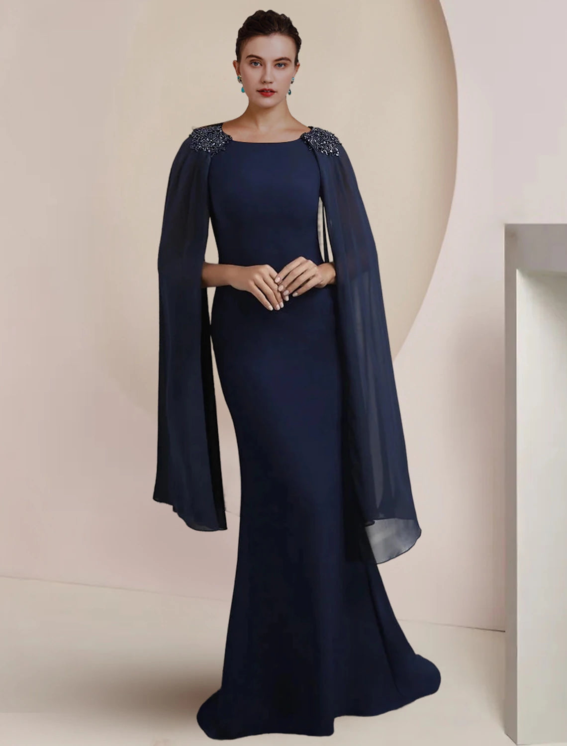 Elegant Mermaid Trumpet Scoop Neck Beaded Navy Blue Sweep Train Mother of the Bride Dress.
