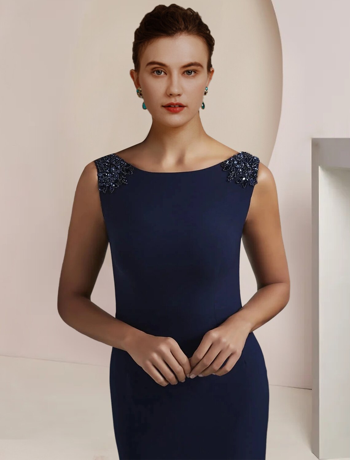Elegant Mermaid Trumpet Scoop Neck Beaded Navy Blue Sweep Train Mother of the Bride Dress.