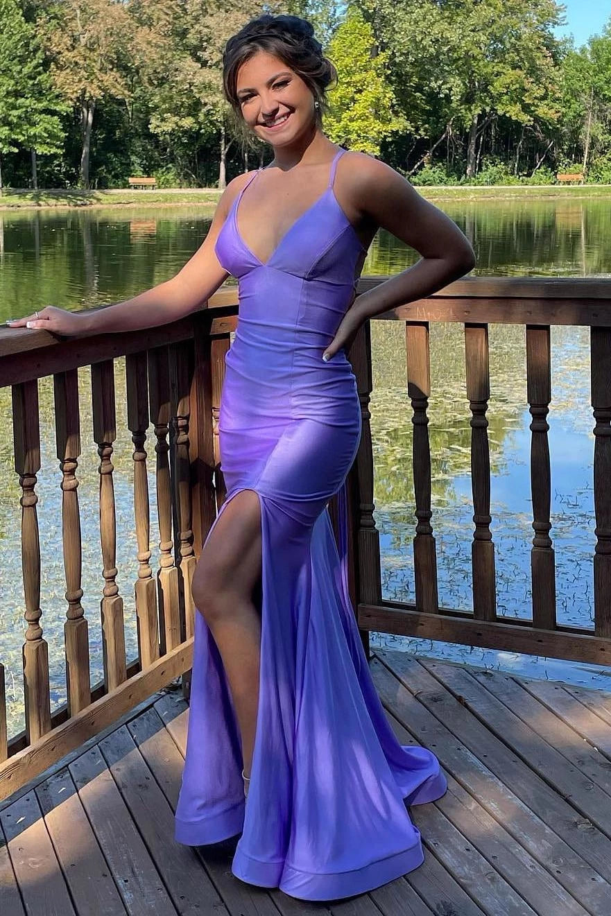 Elegant Mermaid V-Neck Spaghetti-Strap Crisscross-Back Slit Lavender Floor-Length Prom Dress.