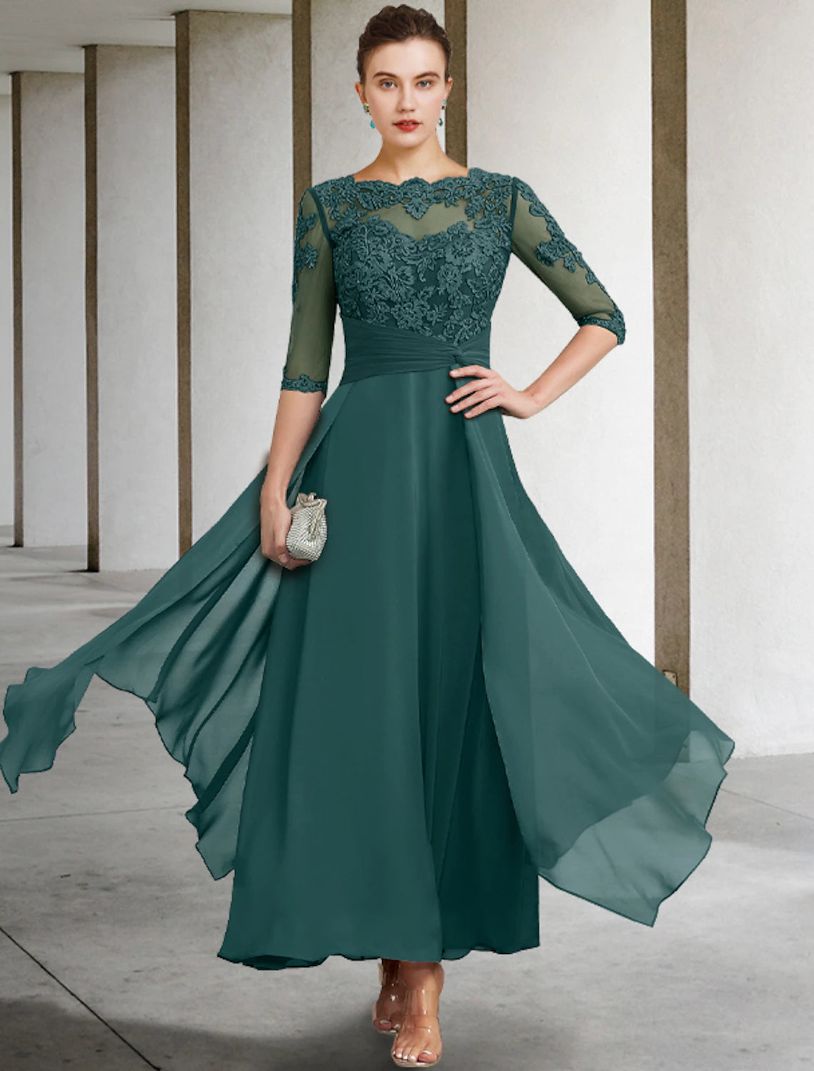 Elegant plus size A-line mother of the bride dress, back view.