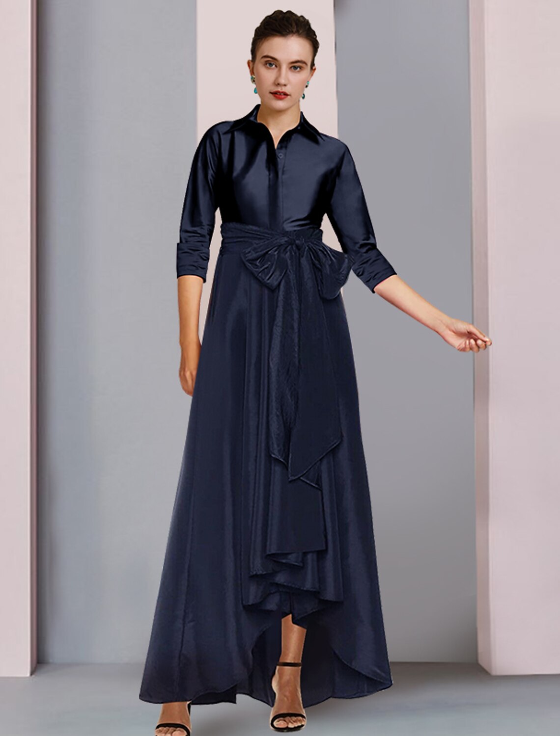 Elegant Plus Size A-Line Satin High-Low 3/4 Sleeve Mother of the Bride Dress.