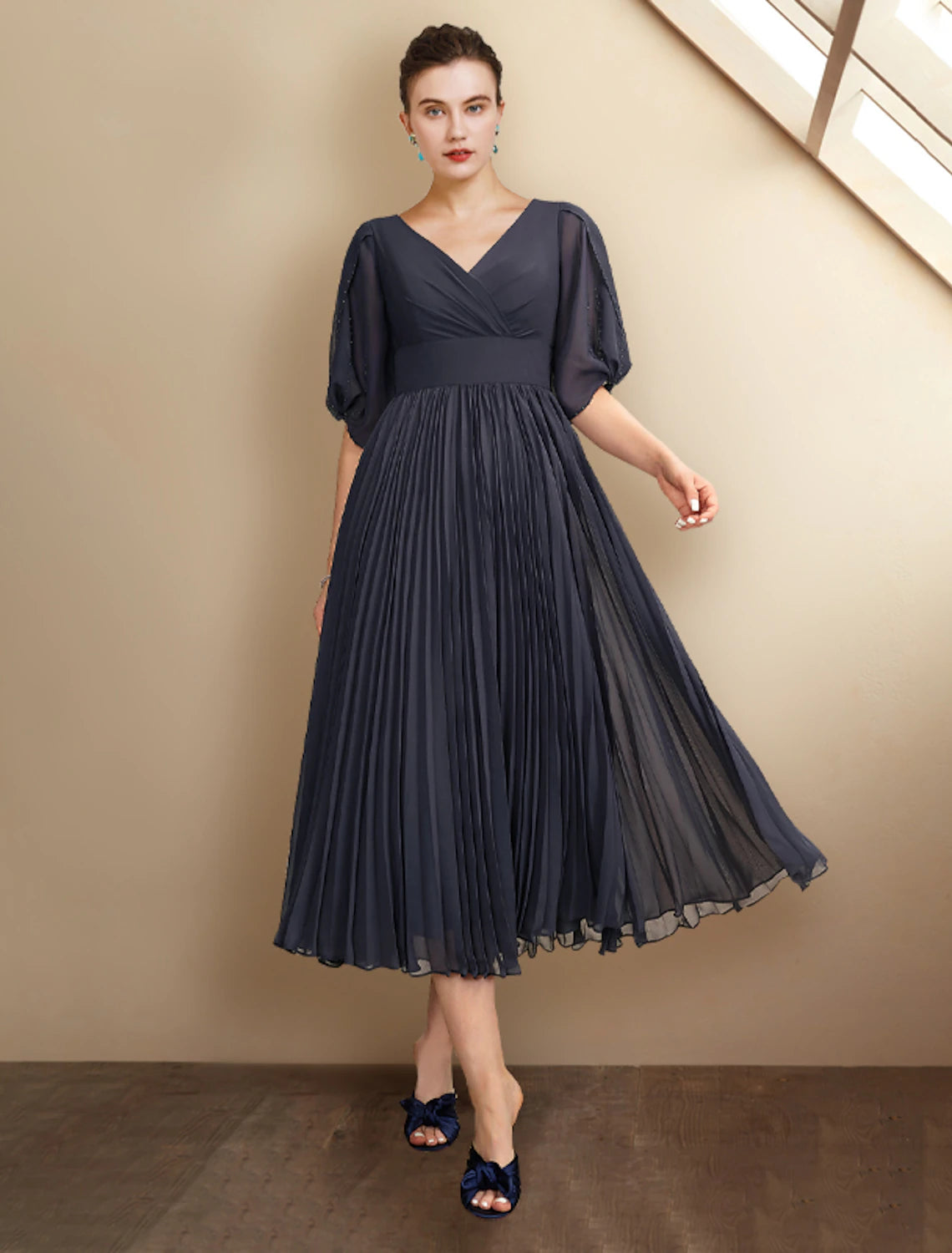 Elegant plus size A-line V-neck half-sleeve chiffon tea-length dress.