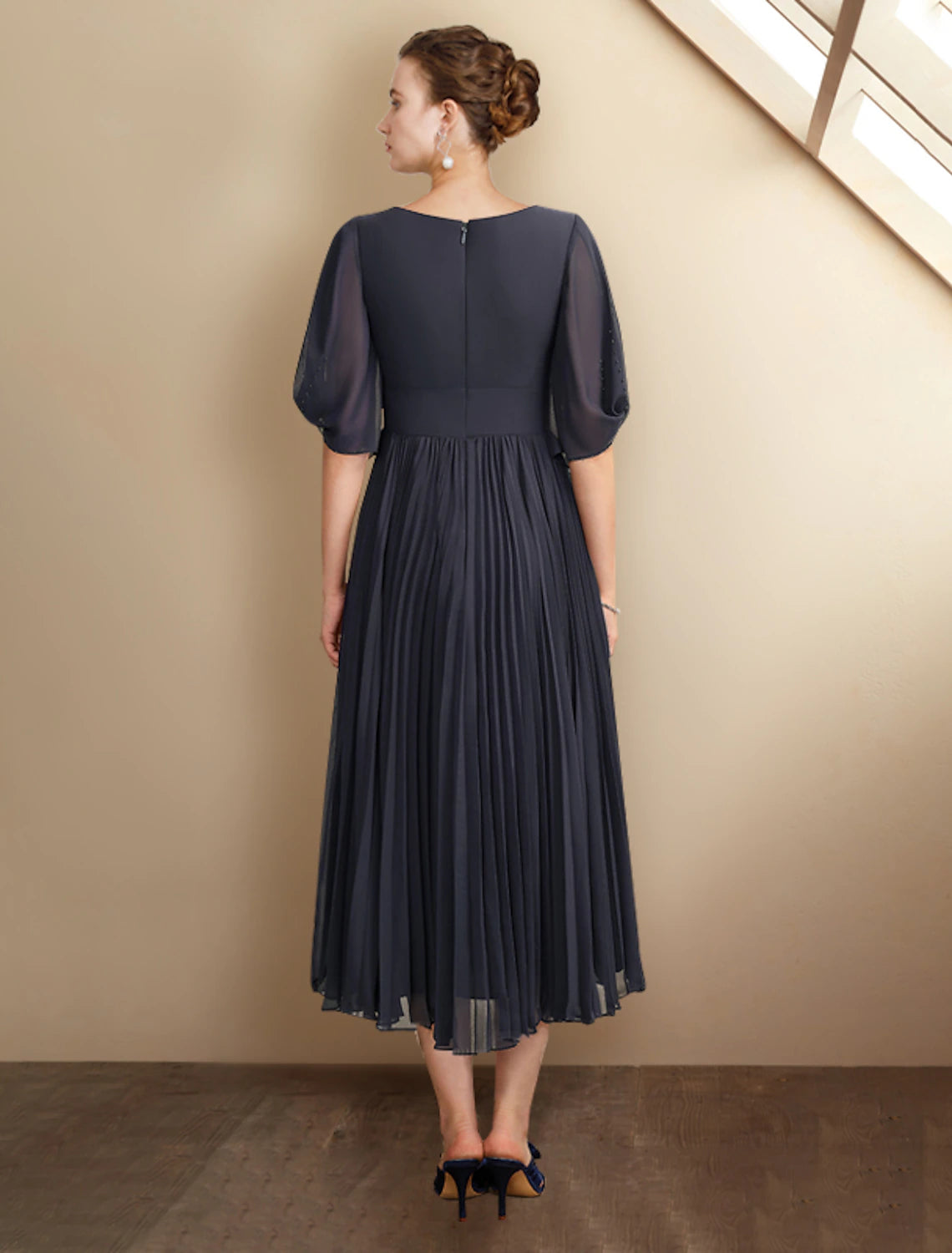Elegant plus size A-line V-neck half-sleeve chiffon tea-length dress.