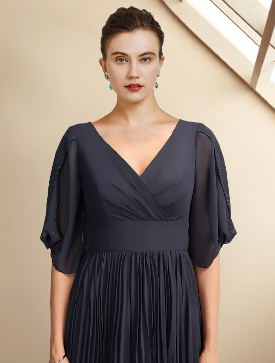 Elegant plus size A-line V-neck half-sleeve chiffon tea-length dress.