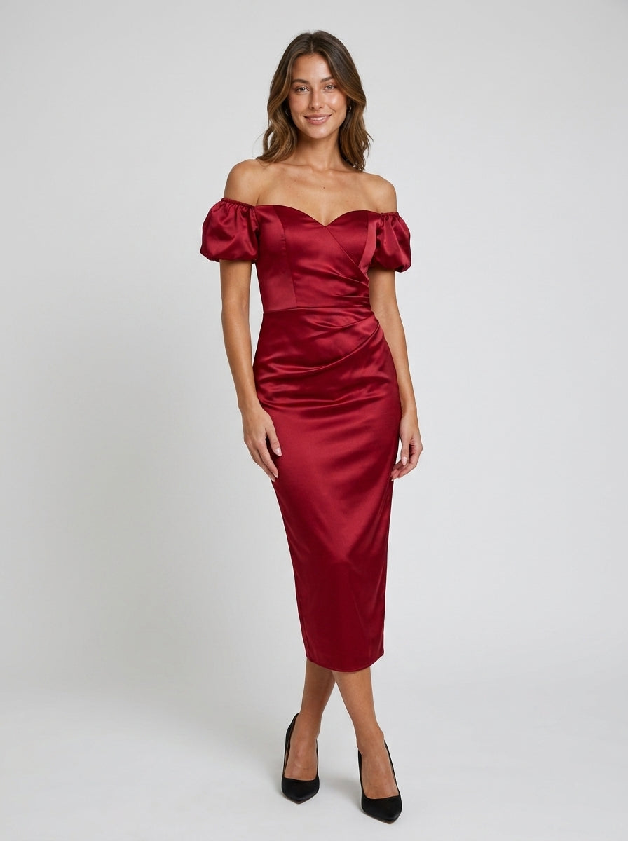 Elegant Ruched Sheath Sweetheart Off-Shoulder Puffy Sleeves Burgundy Midi Homecoming Dress.