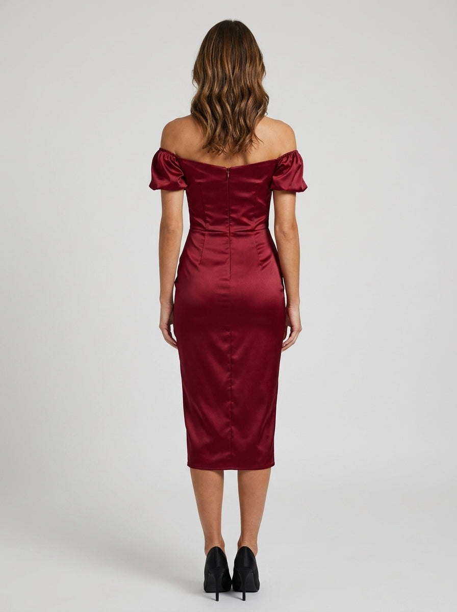 Elegant Ruched Sheath Sweetheart Off-Shoulder Puffy Sleeves Burgundy Midi Homecoming Dress.