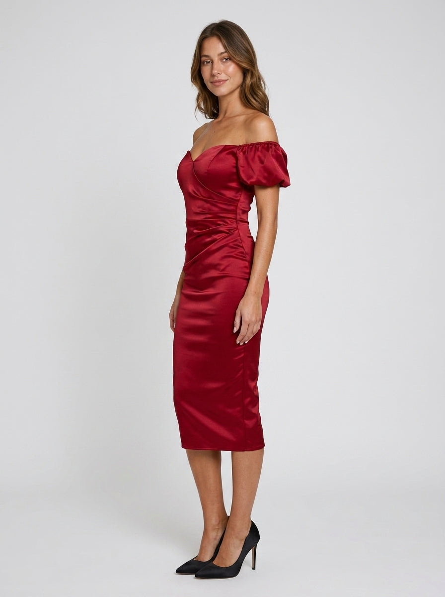 Elegant Ruched Sheath Sweetheart Off-Shoulder Puffy Sleeves Burgundy Midi Homecoming Dress.