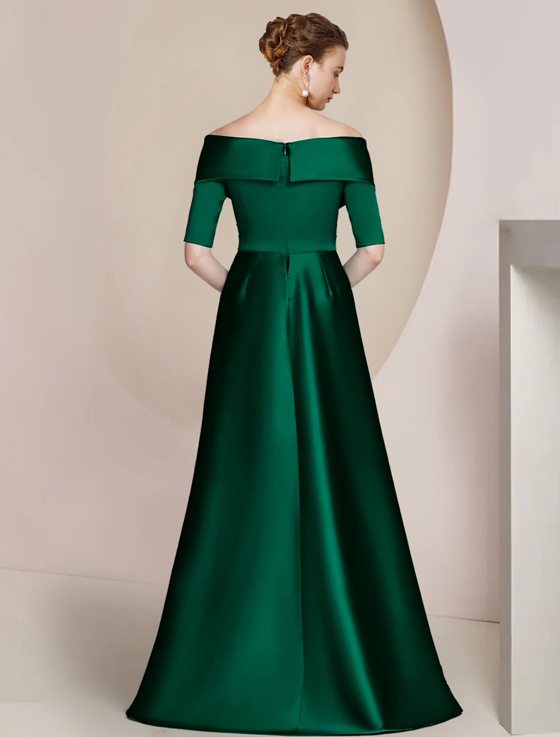 Elegant Satin Sheath Off Shoulder Half Sleeve Ruching Mother of the Bride Dress.
