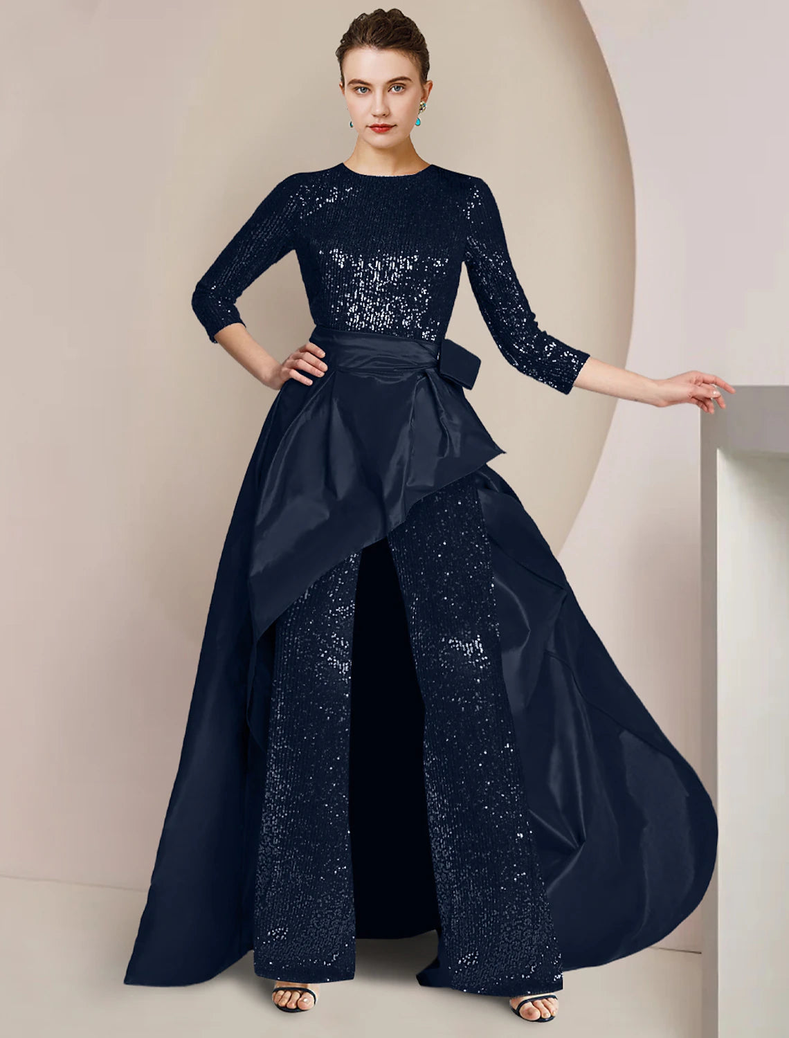 Elegant sequined taffeta two-piece jumpsuit for mother of the bride.