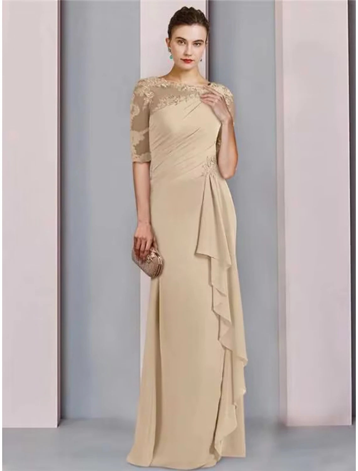 Elegant sheath column mother of the bride dress with scoop neck and half sleeves, front view on a model.