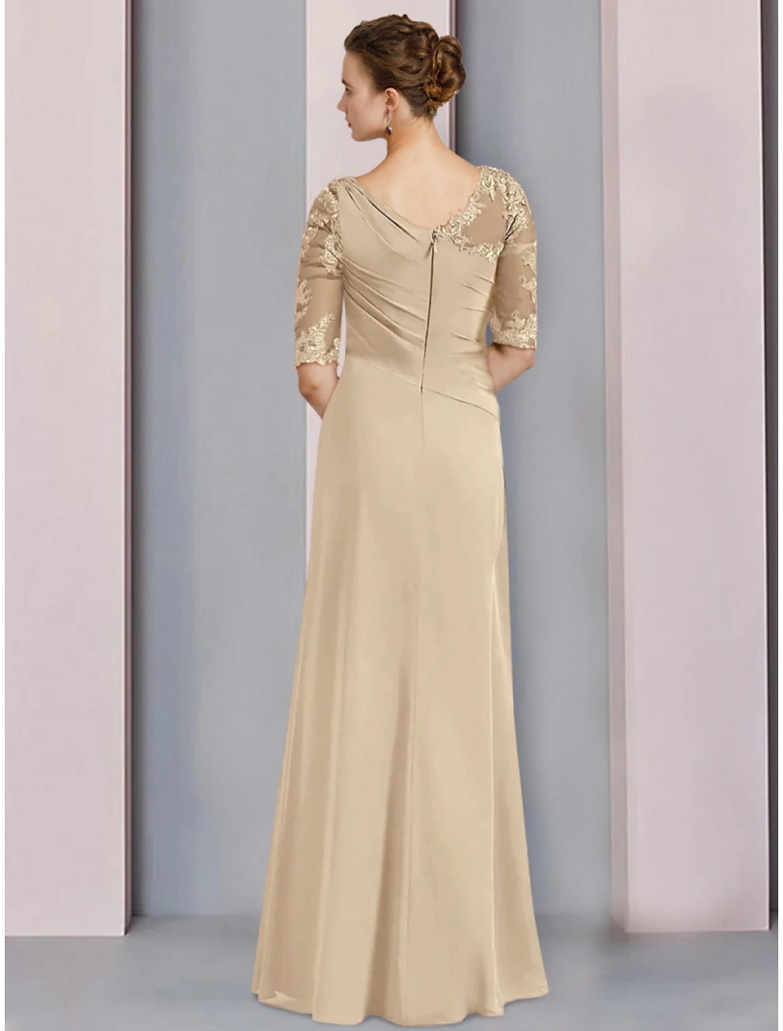 Close-up of the scoop neck and delicate lace ruffles on the half-sleeve chiffon dress.