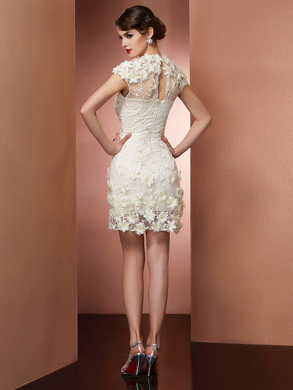 Elegant Sheath High Neck Short Sleeve Satin Short Homecoming Dress.