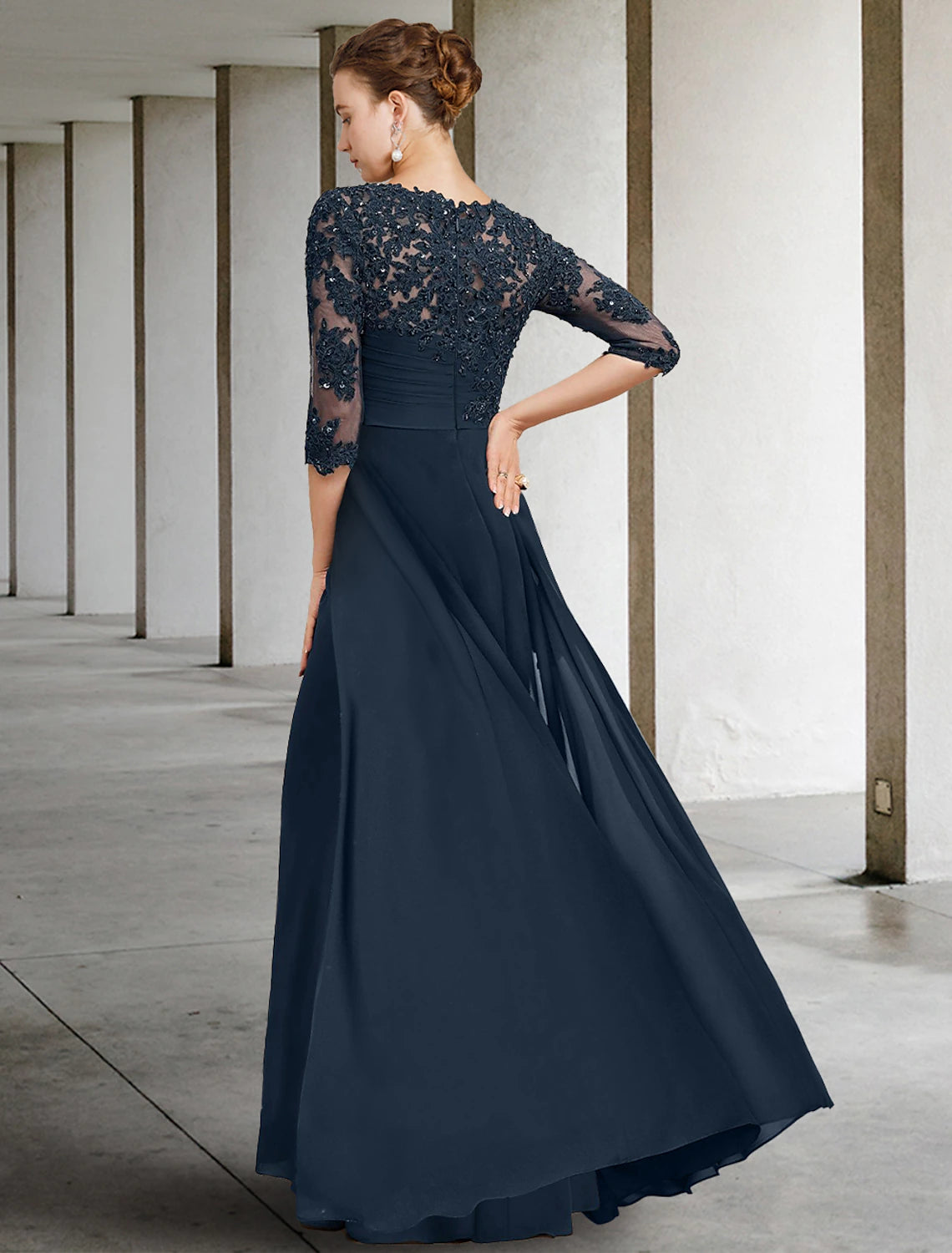 Elegant Sheath Jewel Neck Half Sleeve Chiffon Lace Sequin Floor Length Gown, detailed view.