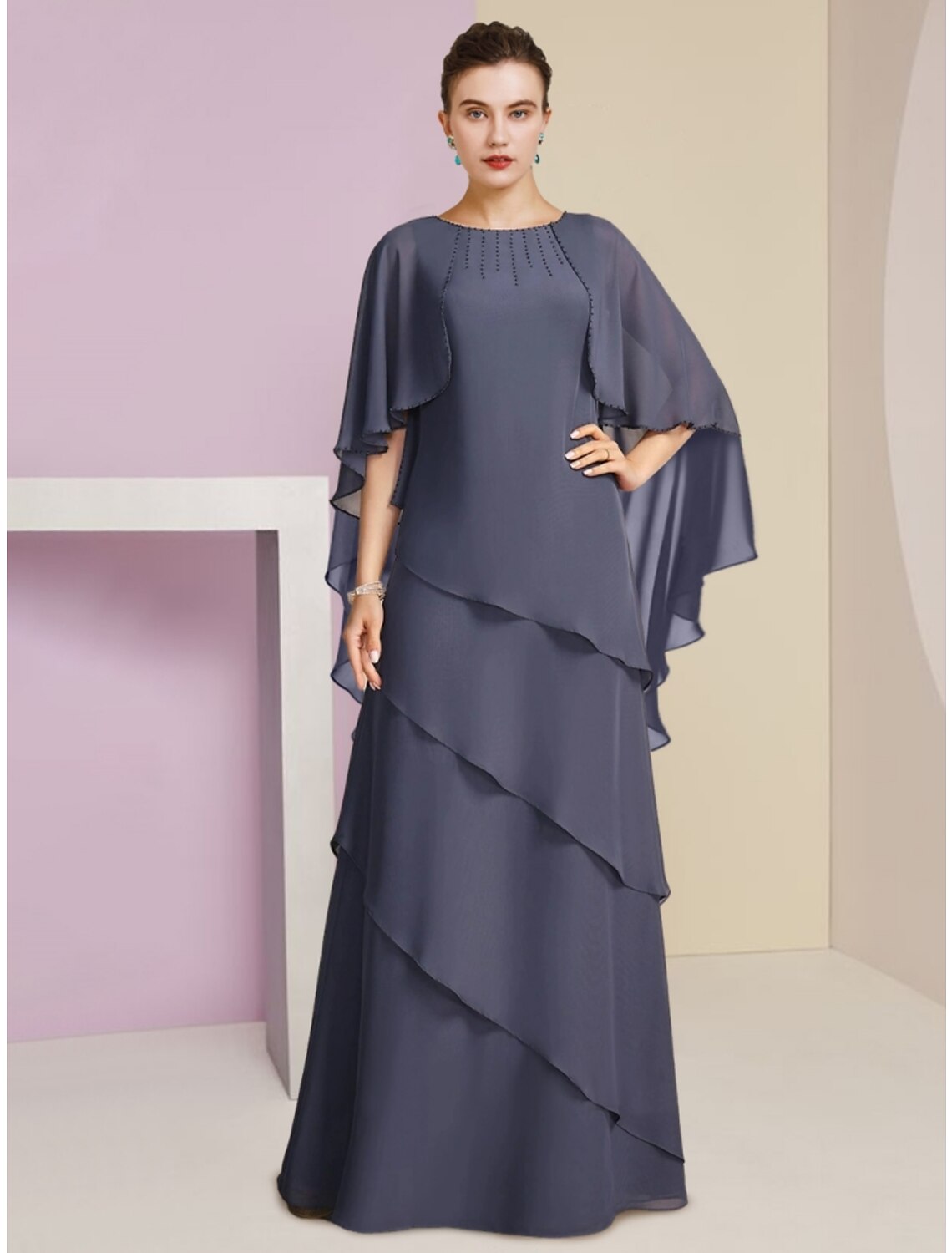 Elegant Sheath Jewel Neck Half Sleeve Sequin Chiffon Floor Length Mother of the Bride Dress.
