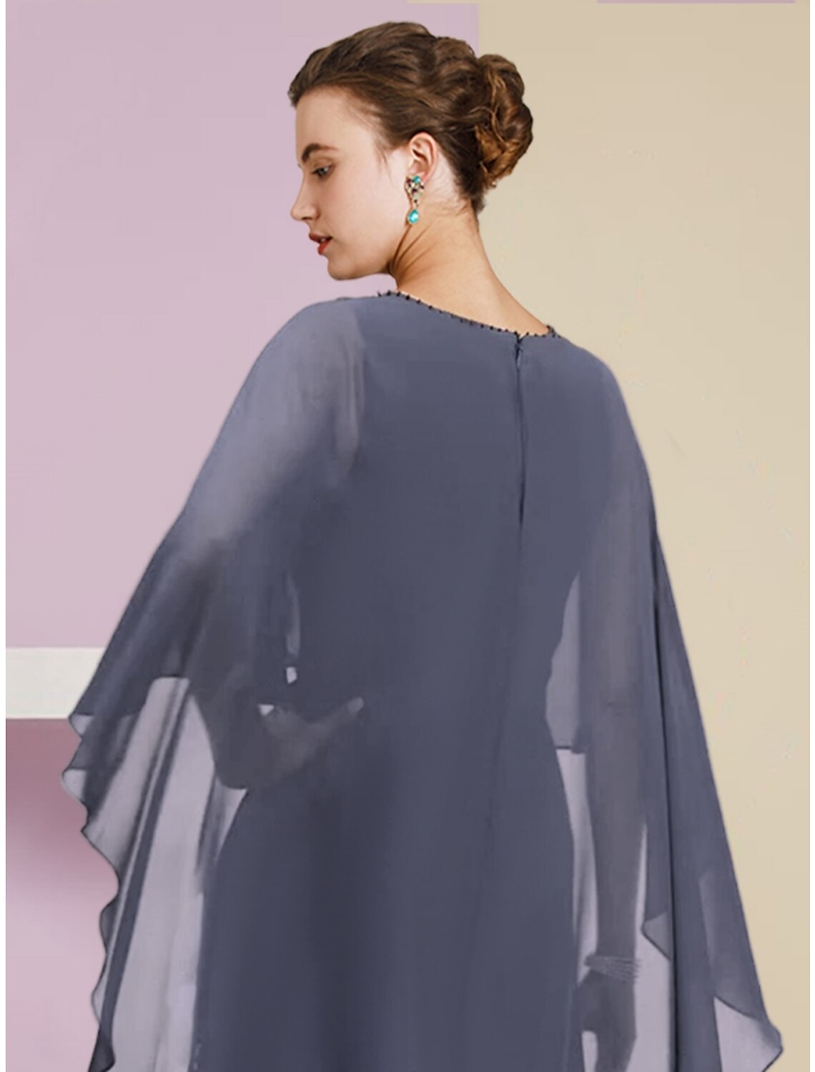 Elegant Sheath Jewel Neck Half Sleeve Sequin Chiffon Floor Length Mother of the Bride Dress, side view.