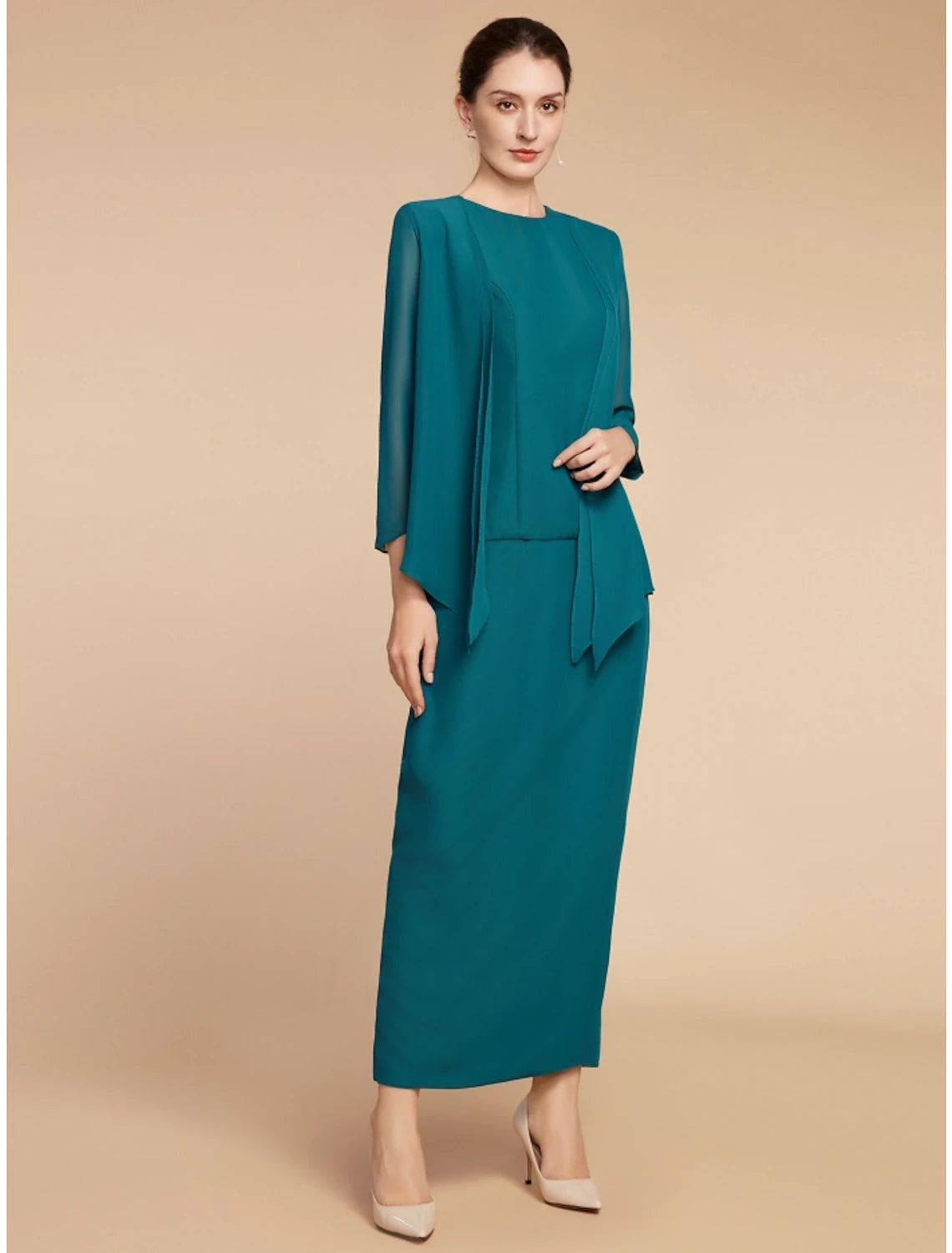 Elegant Sheath Jewel Neck Long Sleeve Ruching Ankle Length Mother of the Bride Dress.