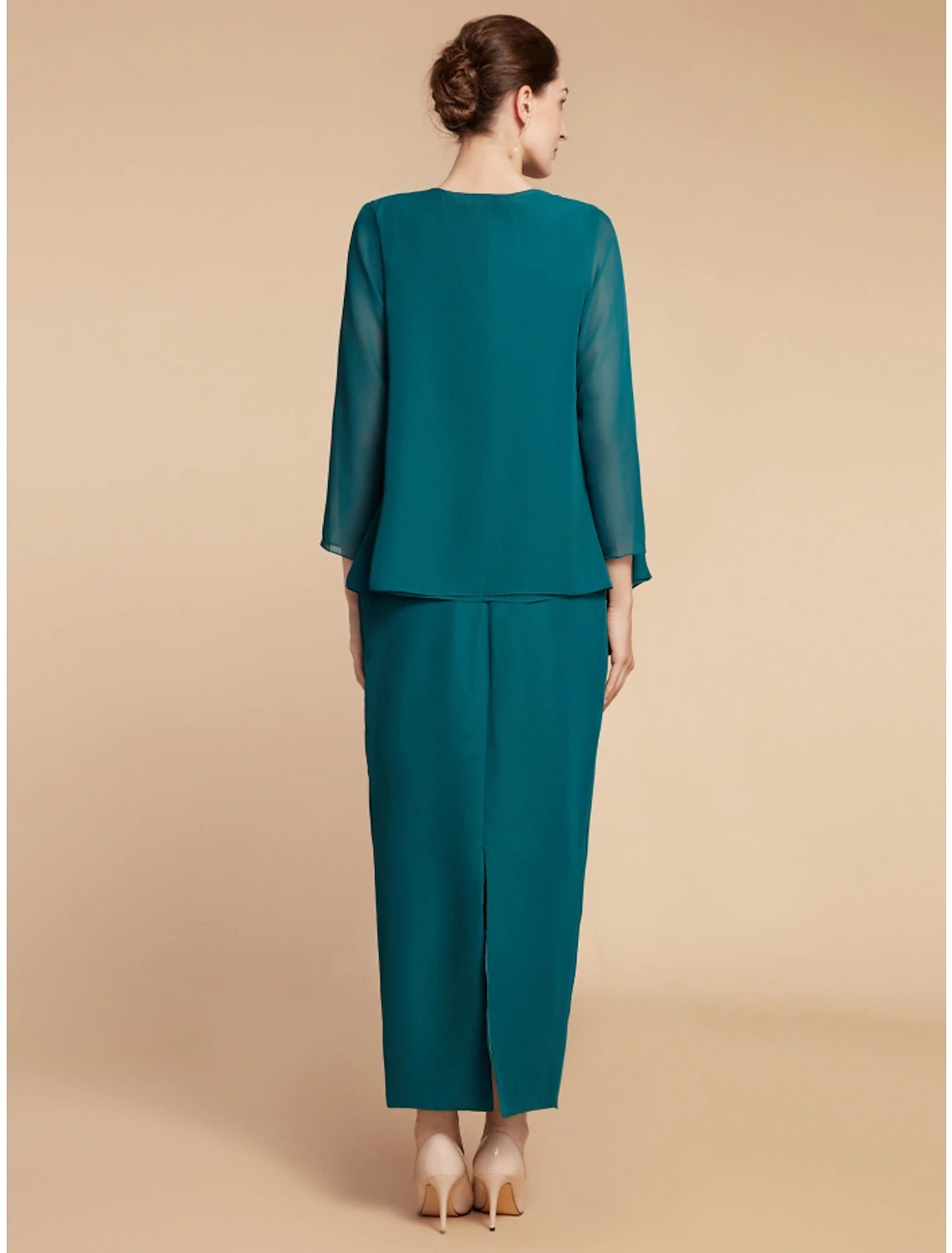 Elegant Sheath Jewel Neck Long Sleeve Ruching Ankle Length Mother of the Bride Dress.