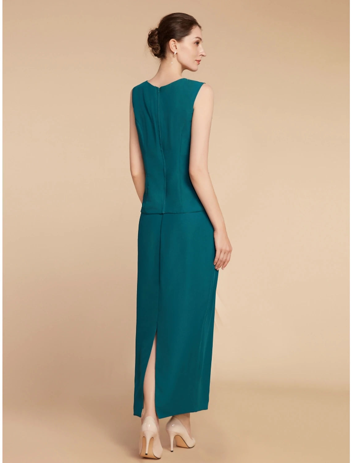 Elegant Sheath Jewel Neck Long Sleeve Ruching Ankle Length Mother of the Bride Dress.