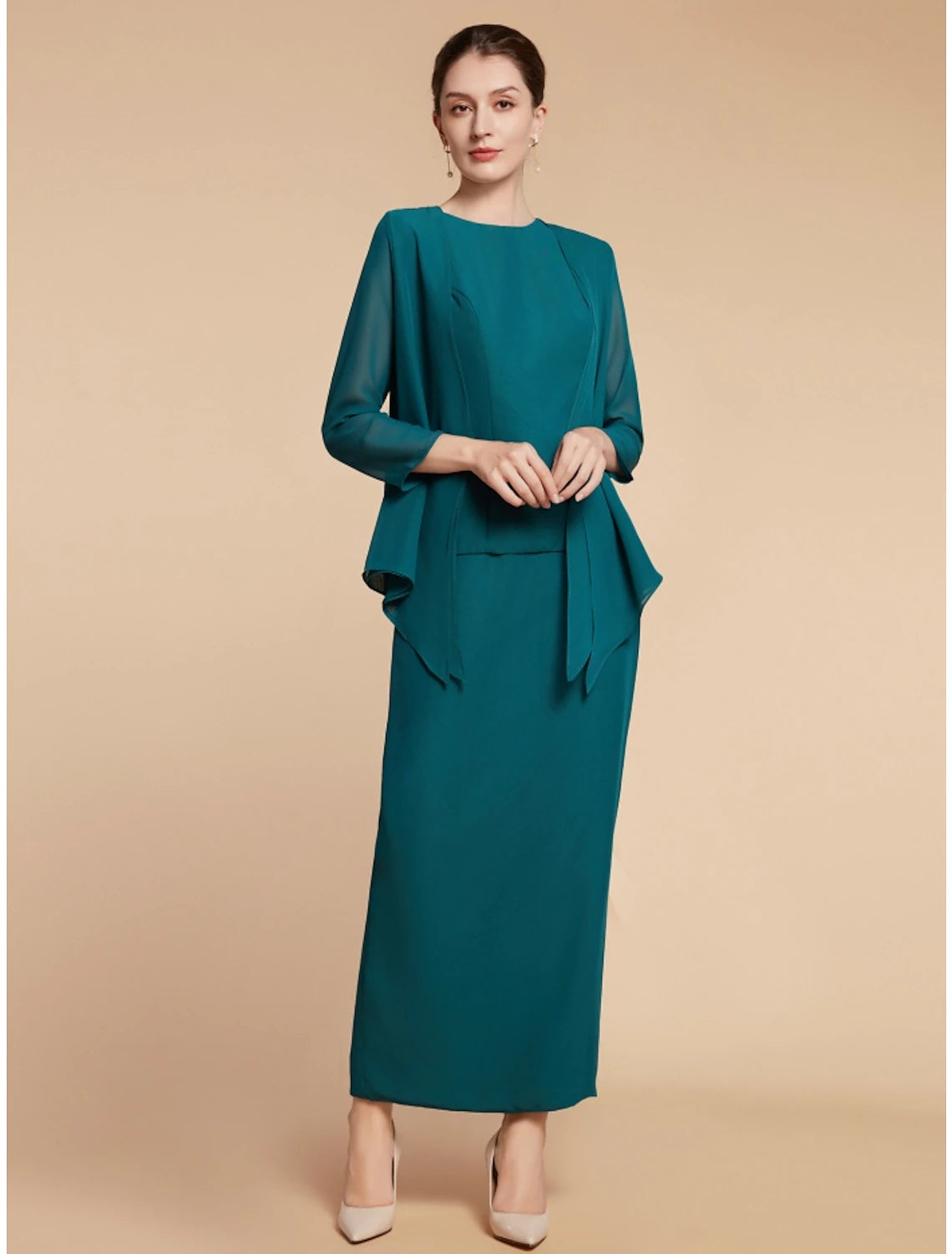 Elegant Sheath Jewel Neck Long Sleeve Ruching Ankle Length Mother of the Bride Dress.
