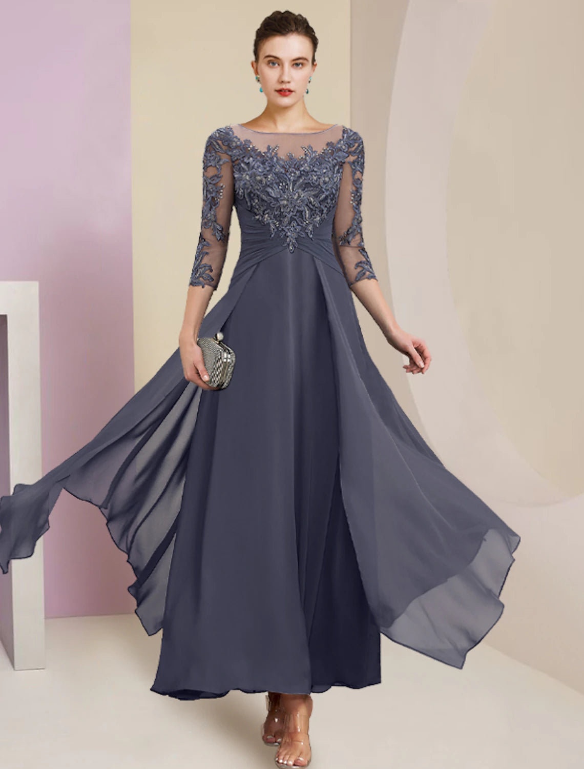 Elegant Sheath Mother of the Bride Dress Jewel Neck 3/4 Sleeve Ankle Length.