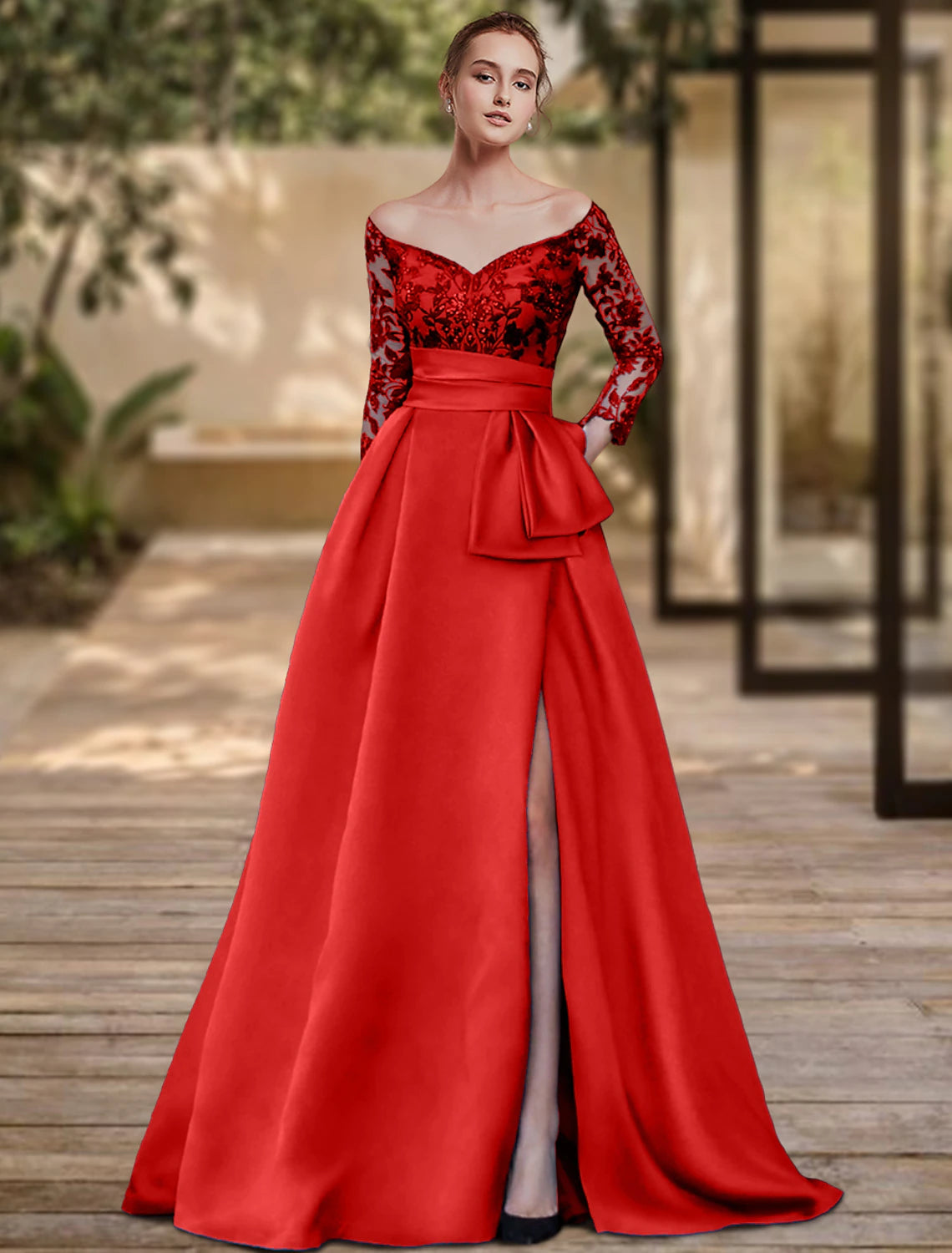 Elegant Sheath Off Shoulder 3/4 Sleeve High Split Sequin Formal Gown.