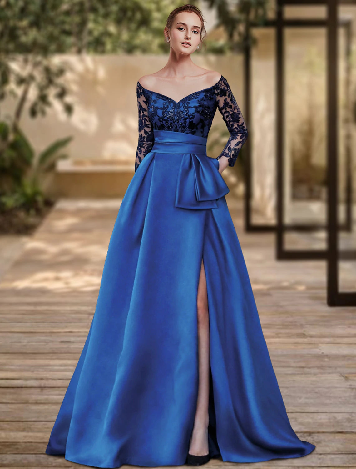 Elegant Sheath Off Shoulder 3/4 Sleeve High Split Sequin Formal Gown.