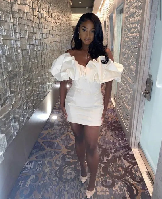 Elegant Sheath Off-Shoulder Puff-Sleeve Satin Mini Homecoming Dress