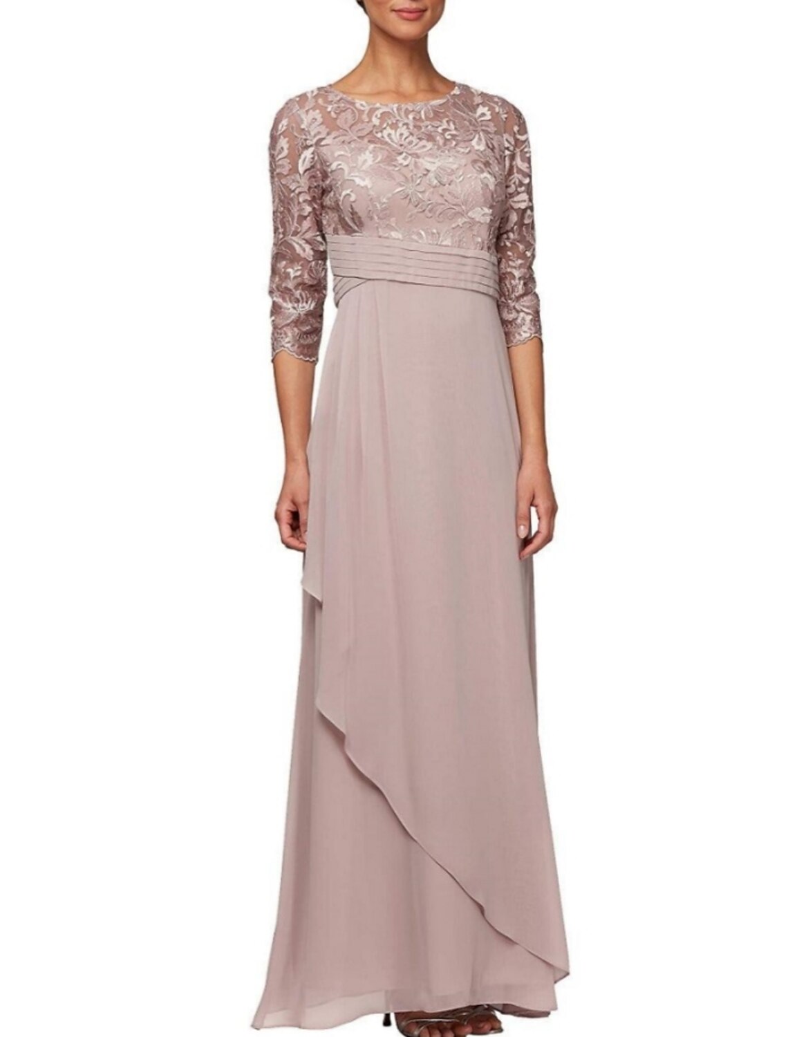 Elegant Sheath Scoop Neck Lace Half Sleeve Ruched Ankle Length Dress.