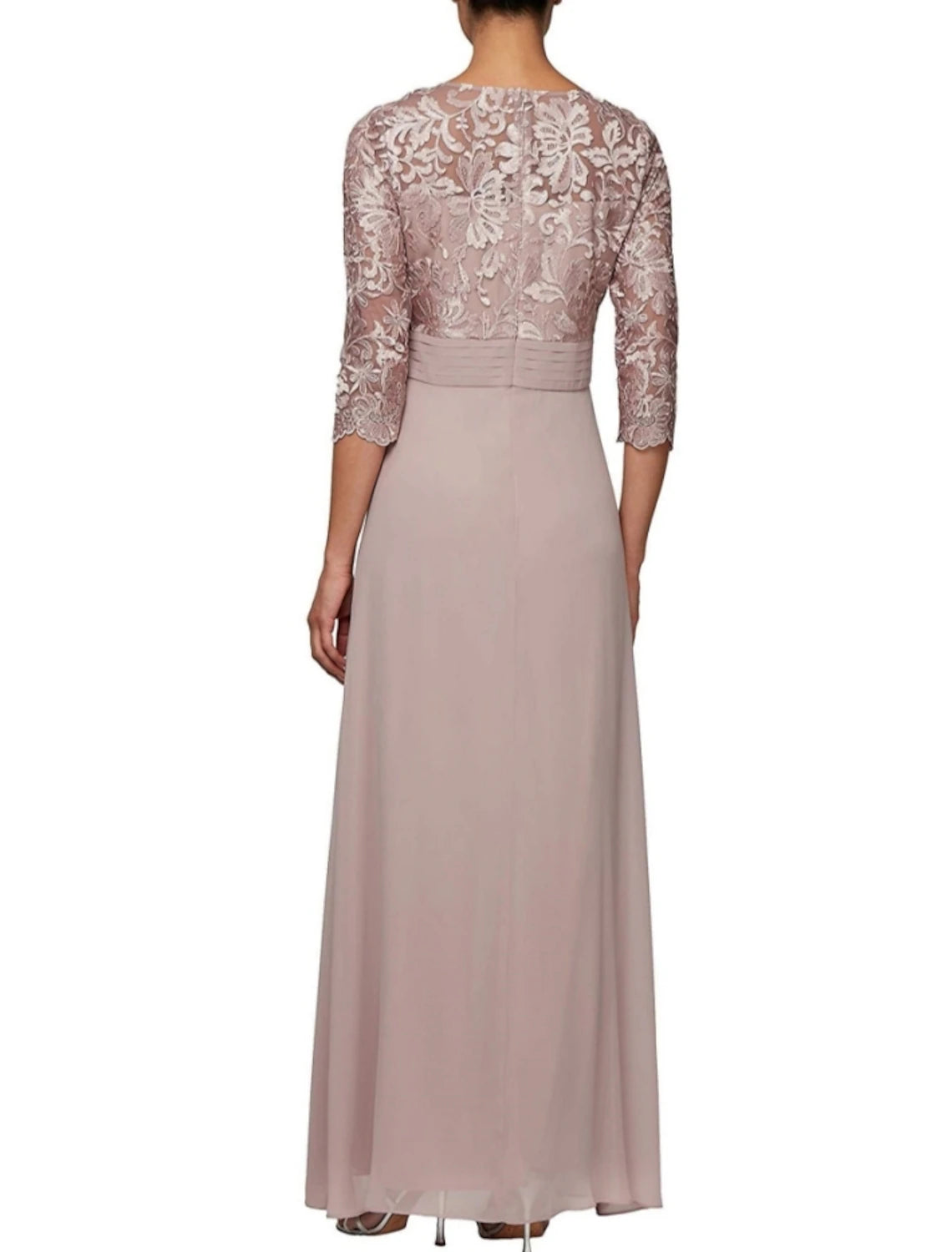 Elegant Sheath Scoop Neck Lace Half Sleeve Ruched Ankle Length Dress.