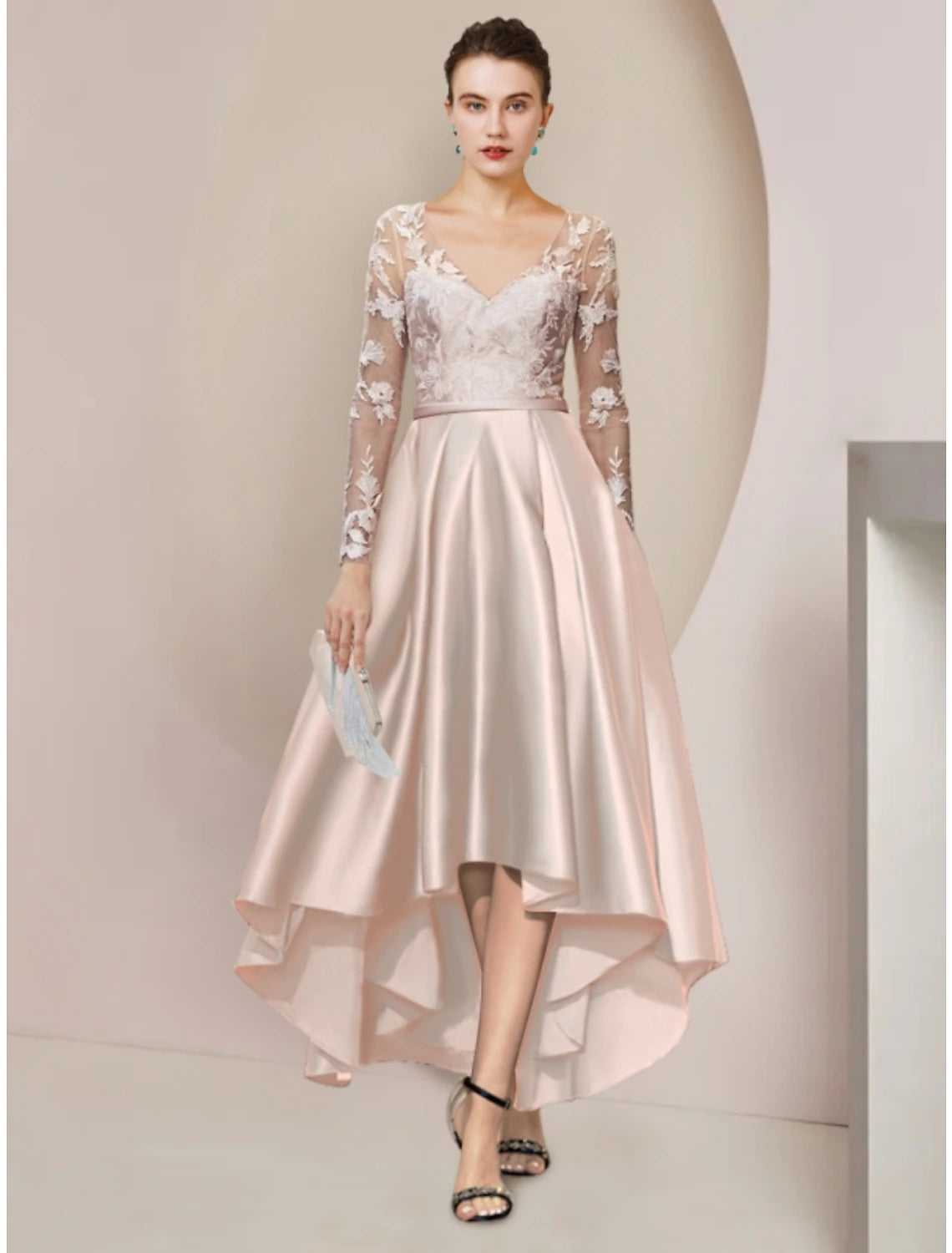 Elegant Sheath V-Neck Long Sleeve Lace Navy Ankle Length Party Dress.