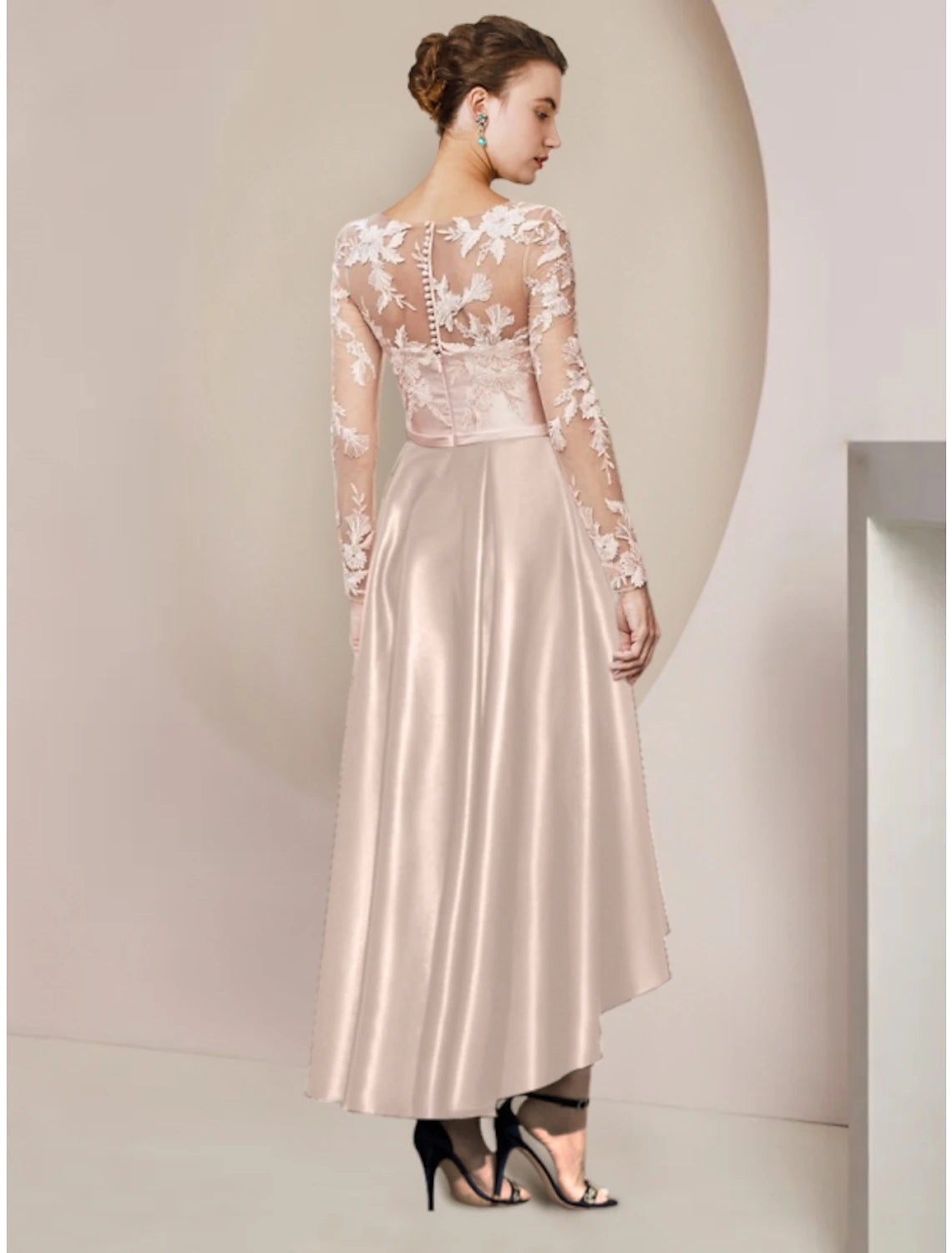 Elegant Sheath V-Neck Long Sleeve Lace Navy Ankle Length Party Dress.