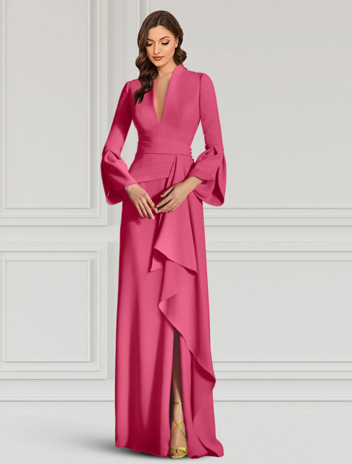 Elegant Sheath V-Neck Long Sleeve Ruffled Black Floor-Length Evening Gown.