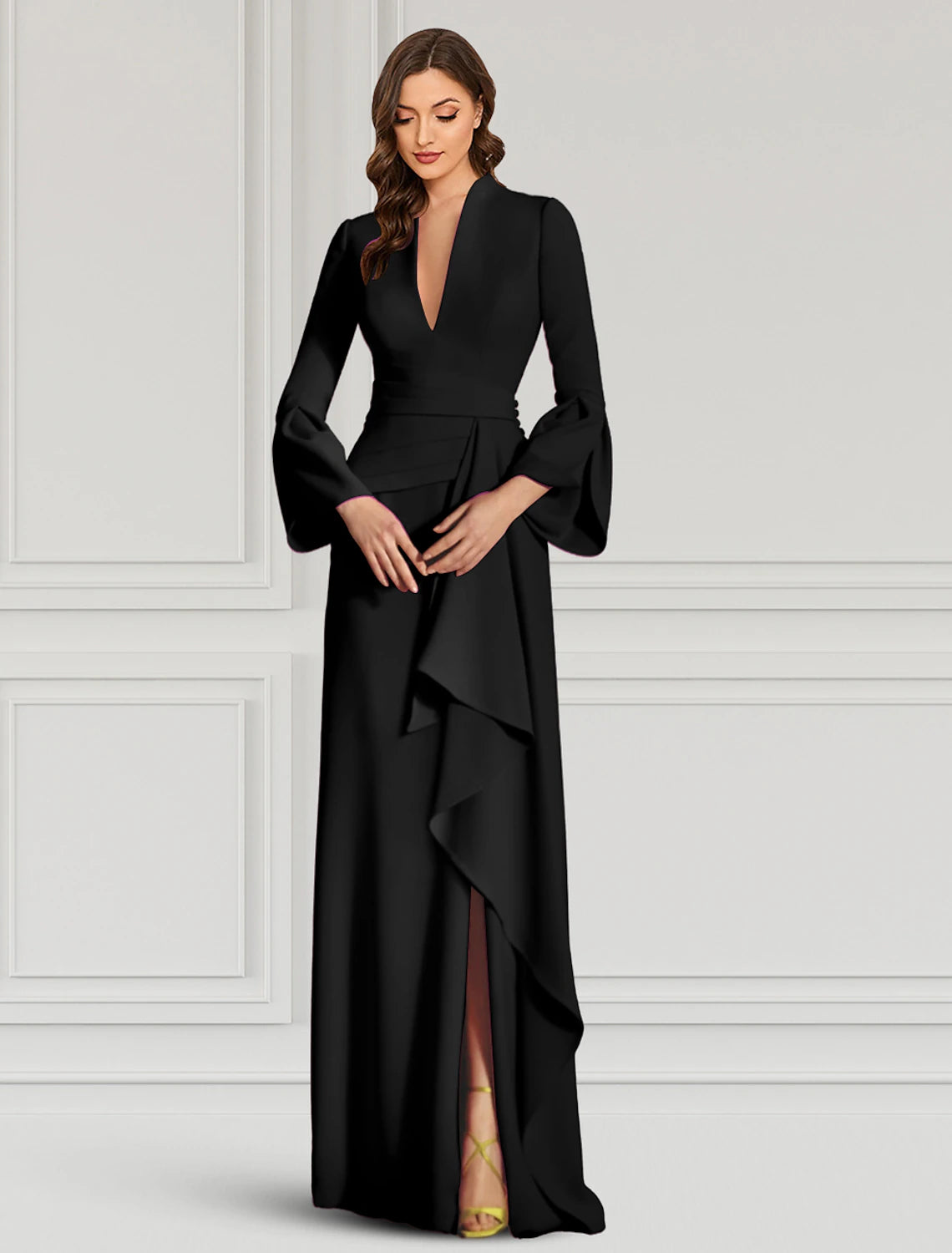 Elegant Sheath V-Neck Long Sleeve Ruffled Black Floor-Length Evening Gown.
