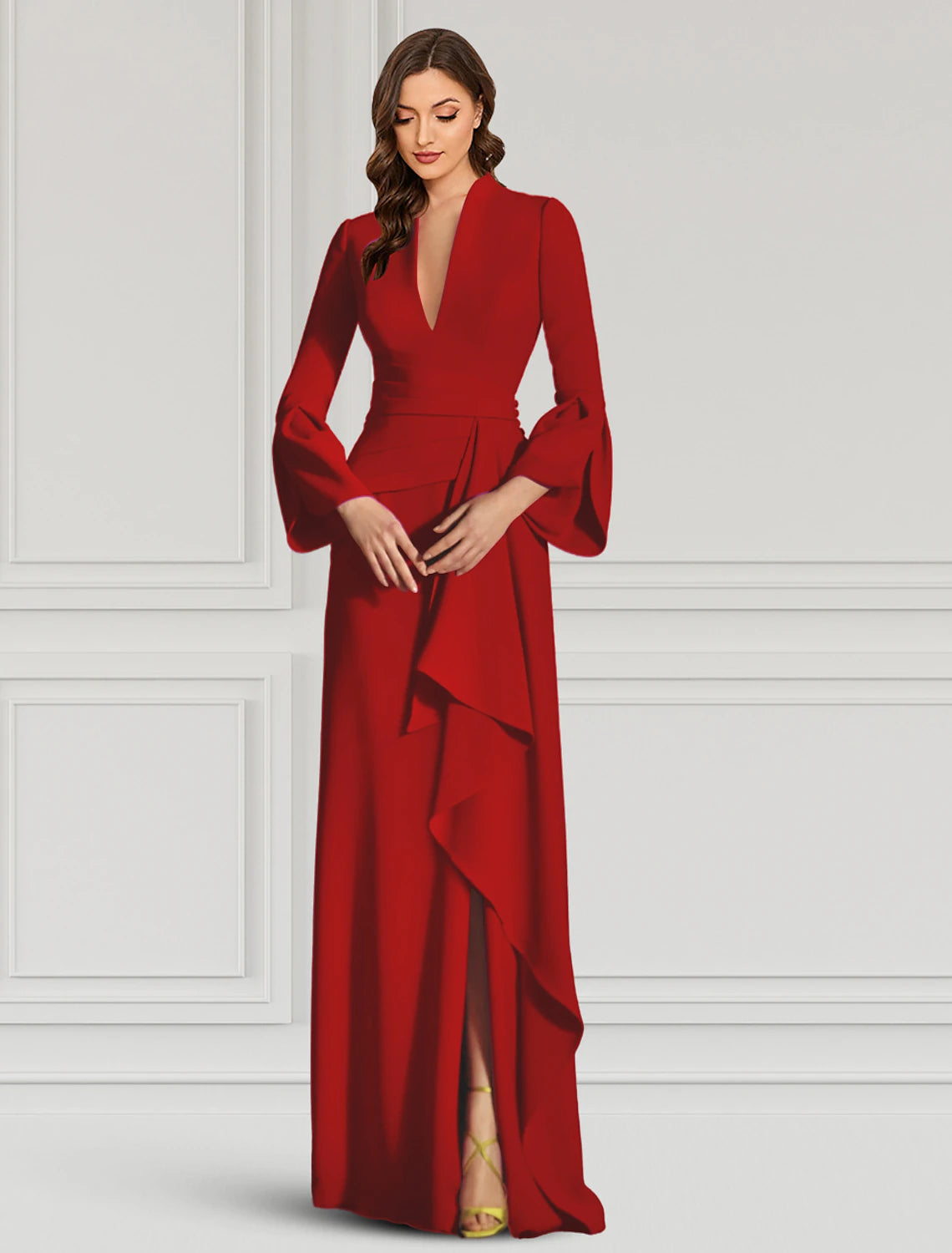 Elegant Sheath V-Neck Long Sleeve Ruffled Black Floor-Length Evening Gown.