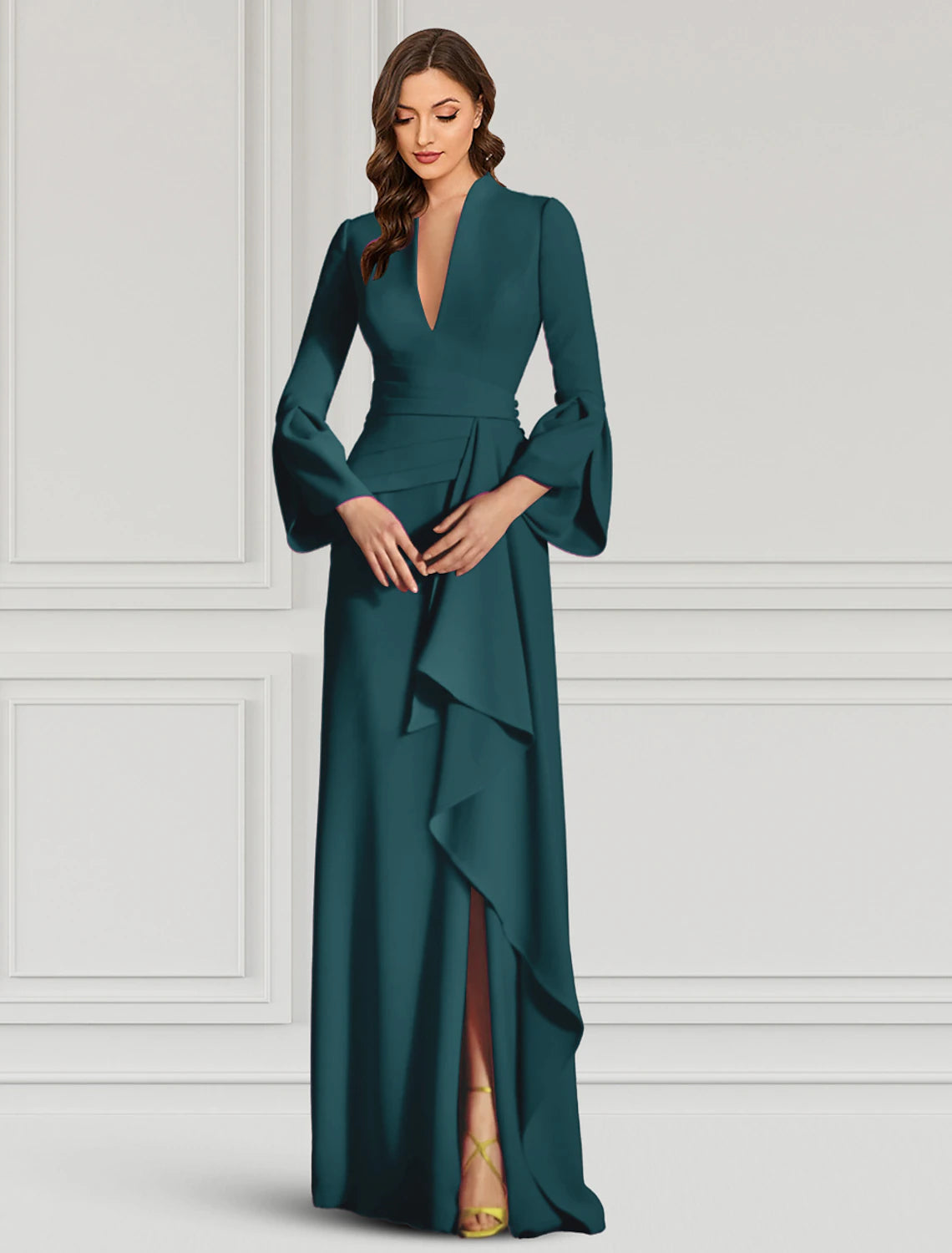 Elegant Sheath V-Neck Long Sleeve Ruffled Black Floor-Length Evening Gown.