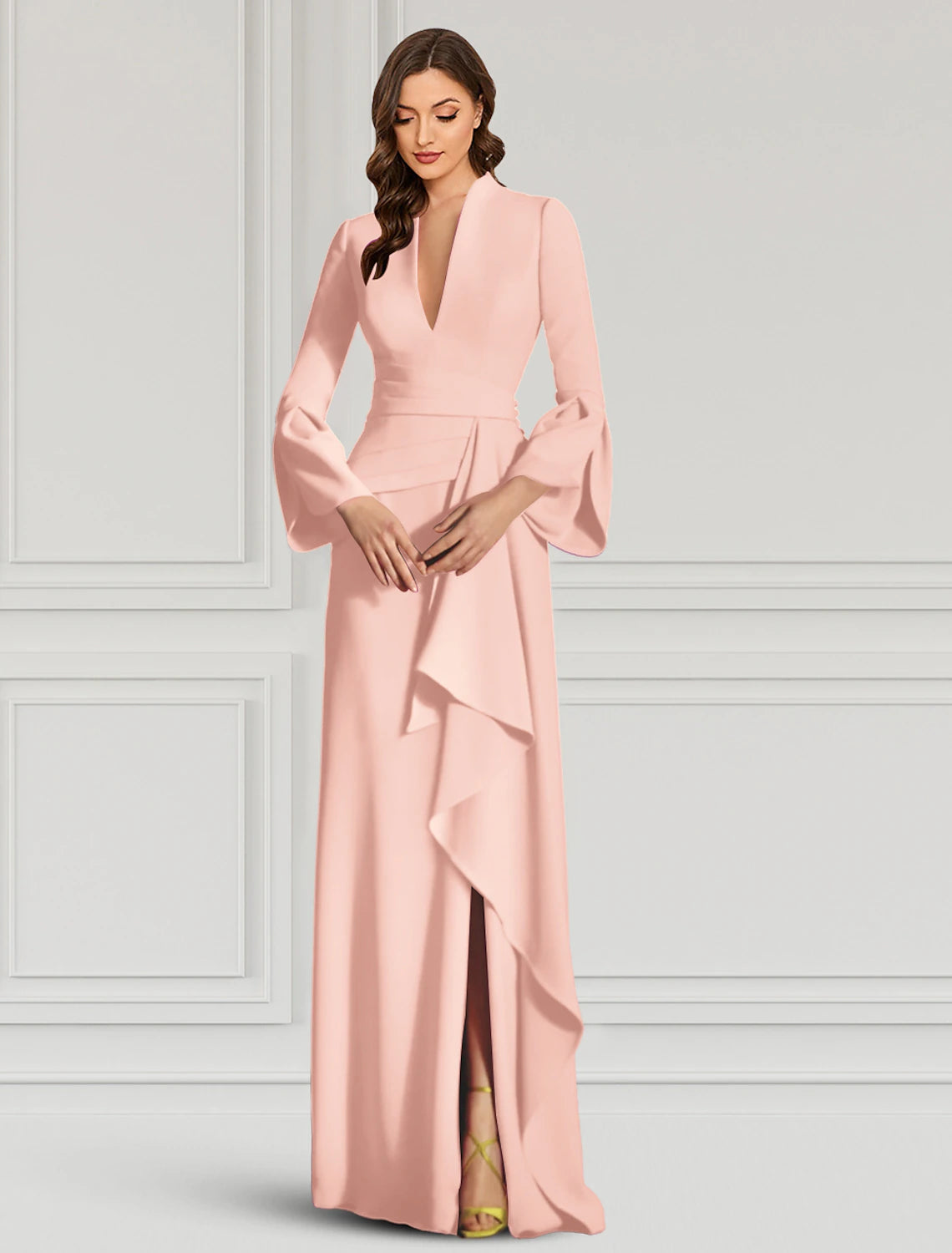 Elegant Sheath V-Neck Long Sleeve Ruffled Black Floor-Length Evening Gown.