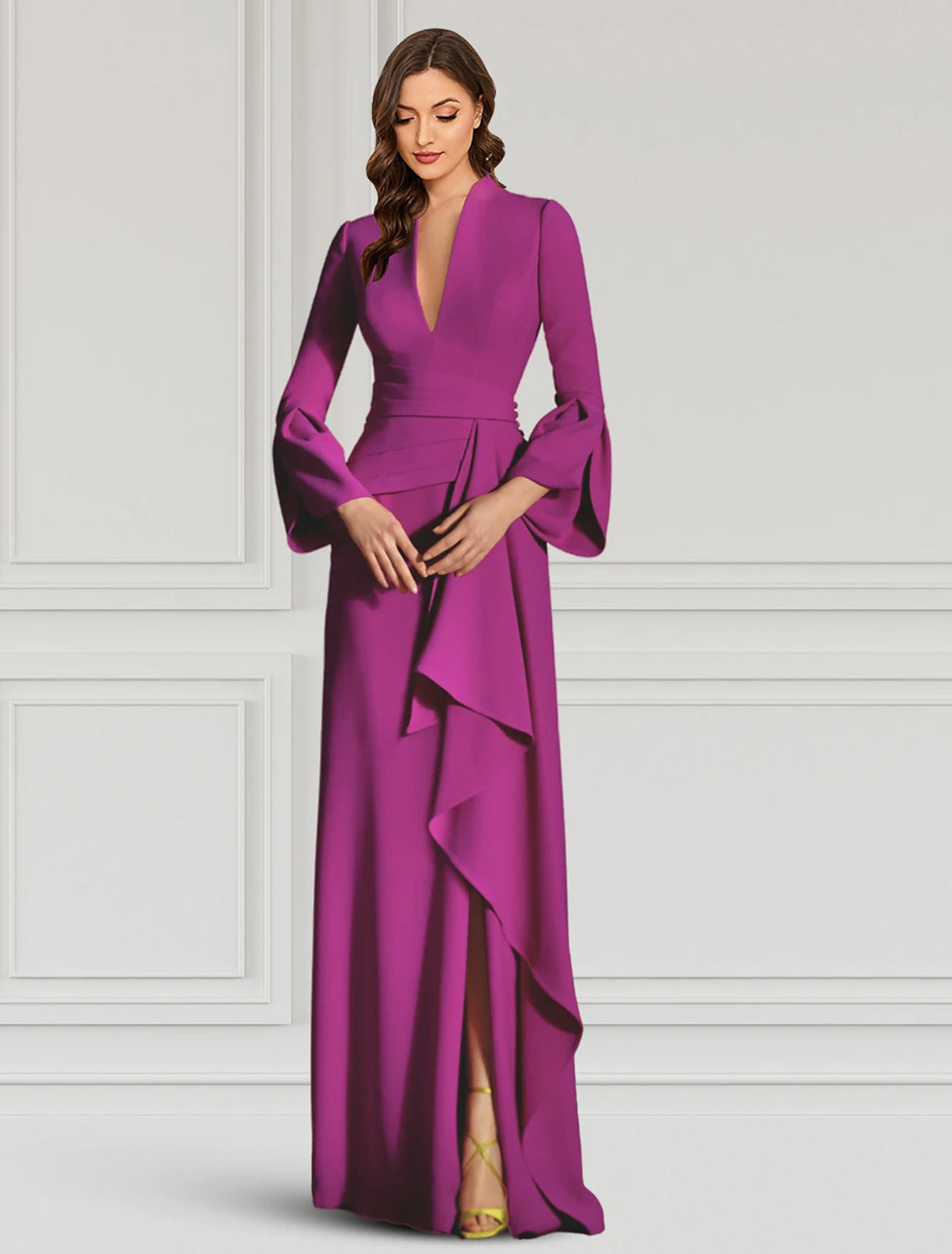 Elegant Sheath V-Neck Long Sleeve Ruffled Black Floor-Length Evening Gown.