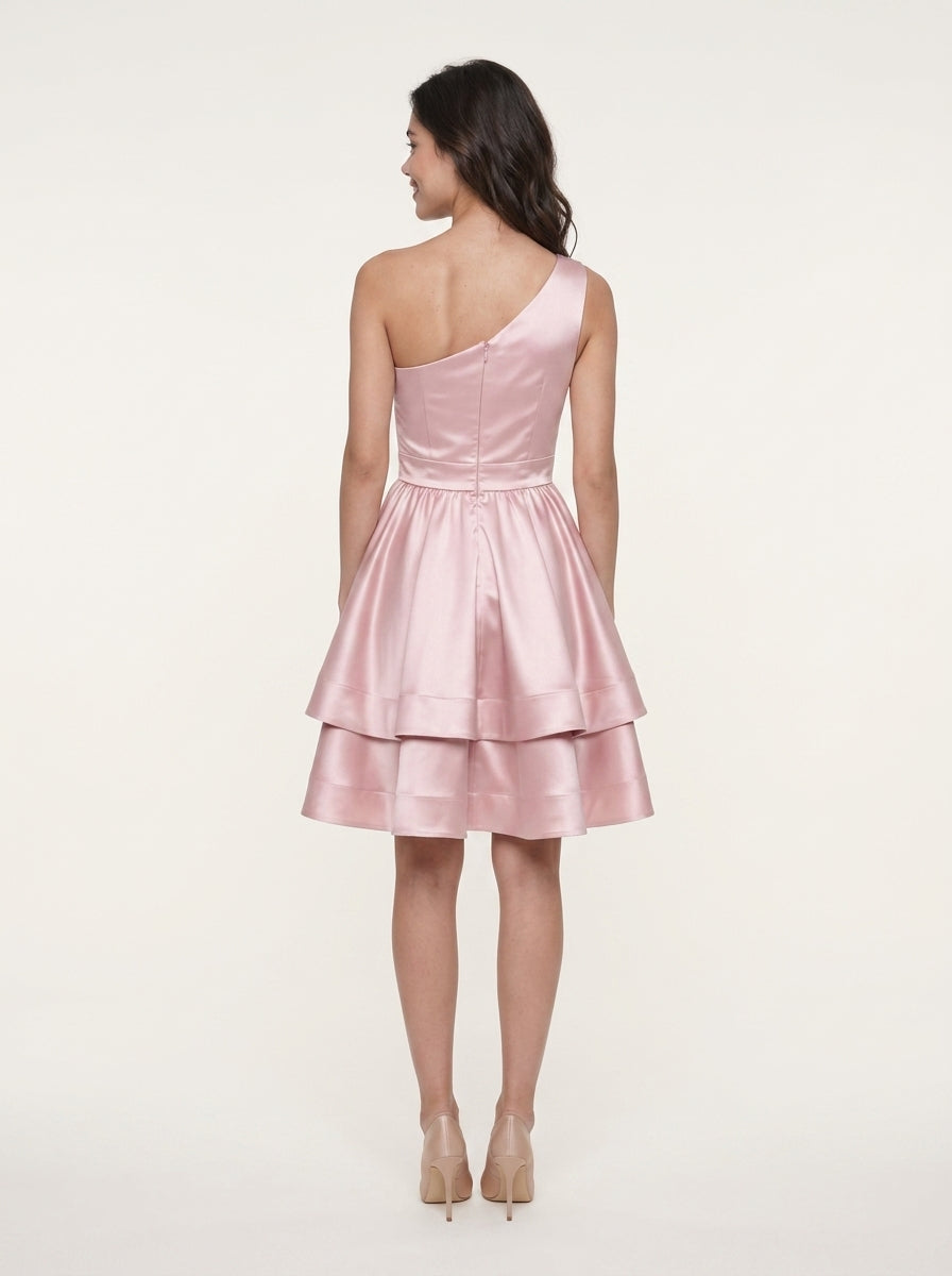 Elegant Shimmering A-Line One-Shoulder Tiered Short Homecoming Dress on a model.