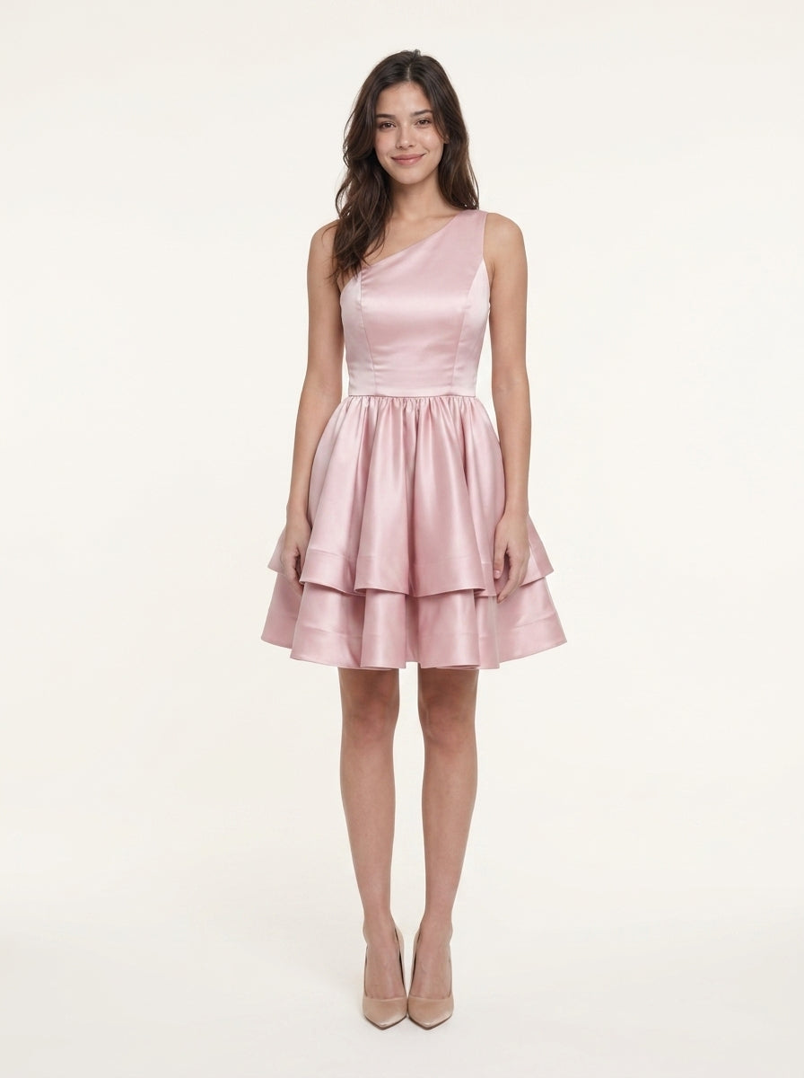 Elegant Shimmering A-Line One-Shoulder Tiered Short Homecoming Dress on a model.