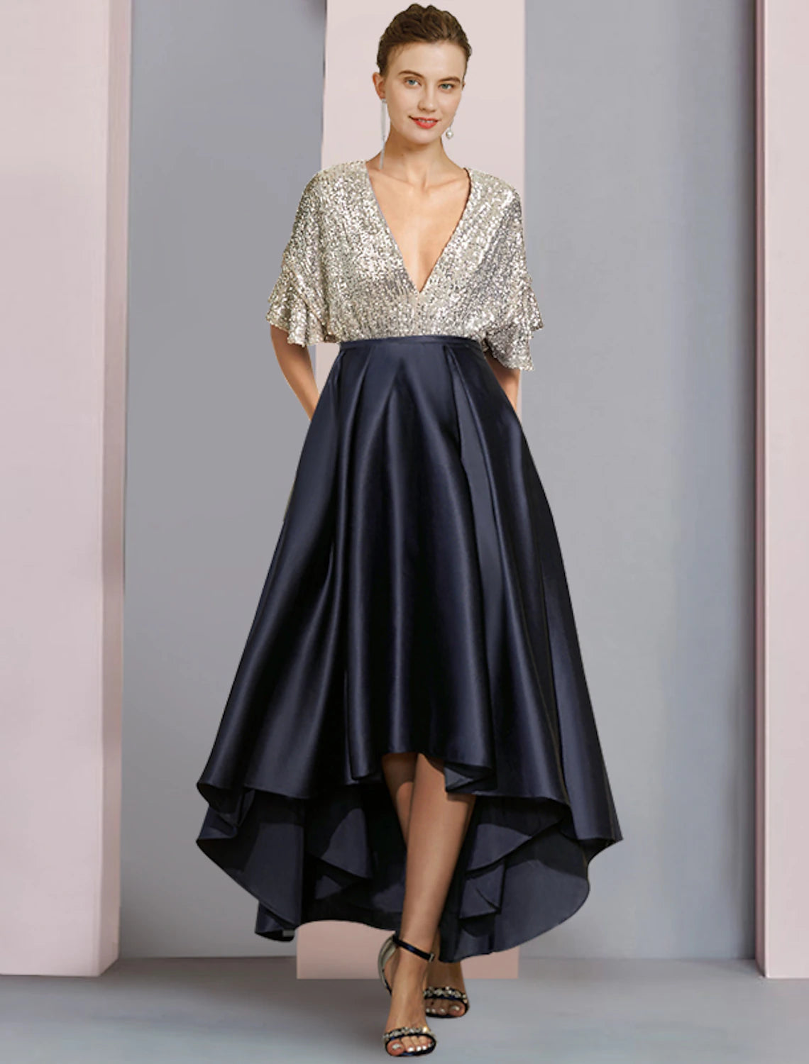 Elegant Sparkling A-Line V-Neck Short Sleeve Tea-Length Mother of the Bride Dress.