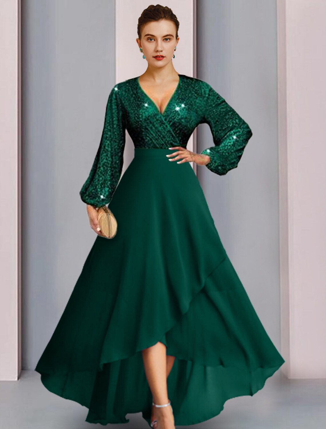 Elegant Sparkling Sheath V-Neck Long Sleeve Sequined Mother of the Bride Dress.