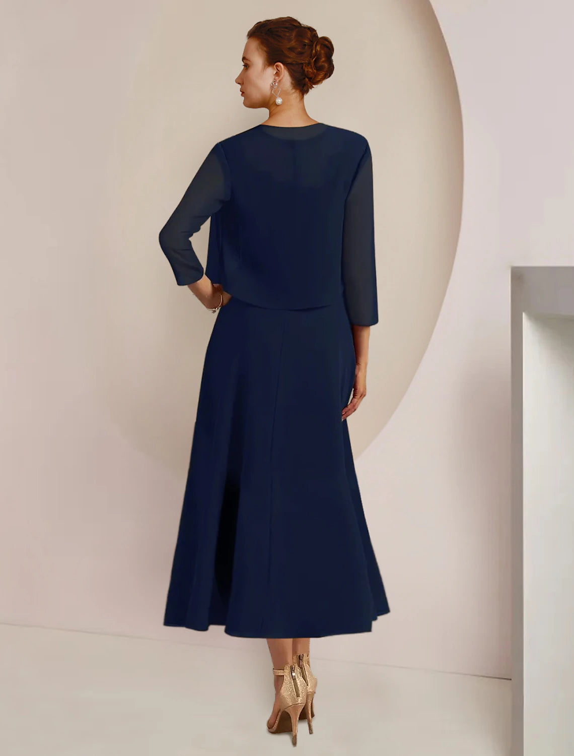 Elegant Two-Piece A-Line Chiffon Lace Tea Length Mother of the Bride Dress.