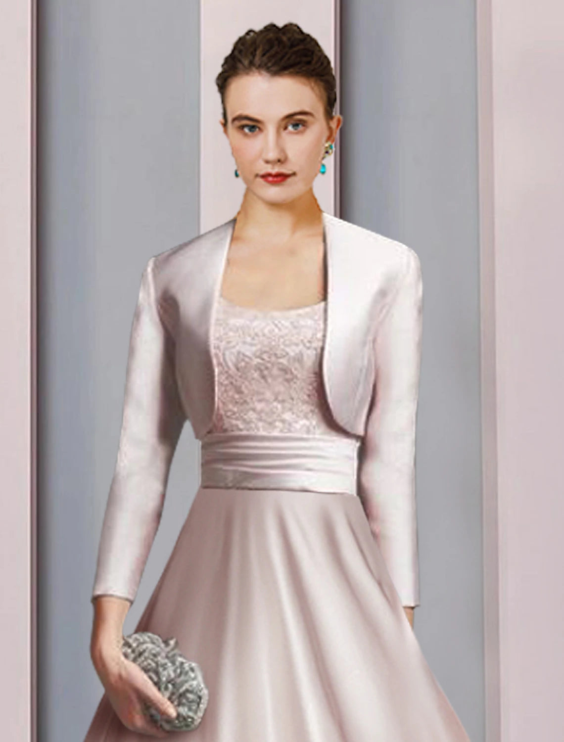 Side and back view of the elegant two-piece A-line mother of the bride dress, showing the tea length.
