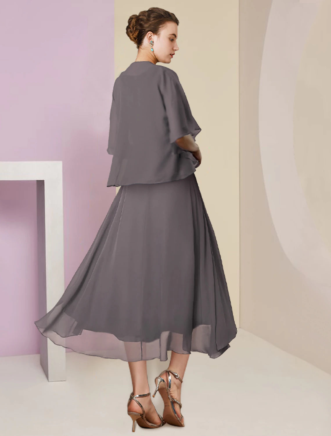 Elegant Two-Piece A-Line Scoop Neck Half Sleeve Chiffon Lace Tea Length Mother of the Bride Dress.