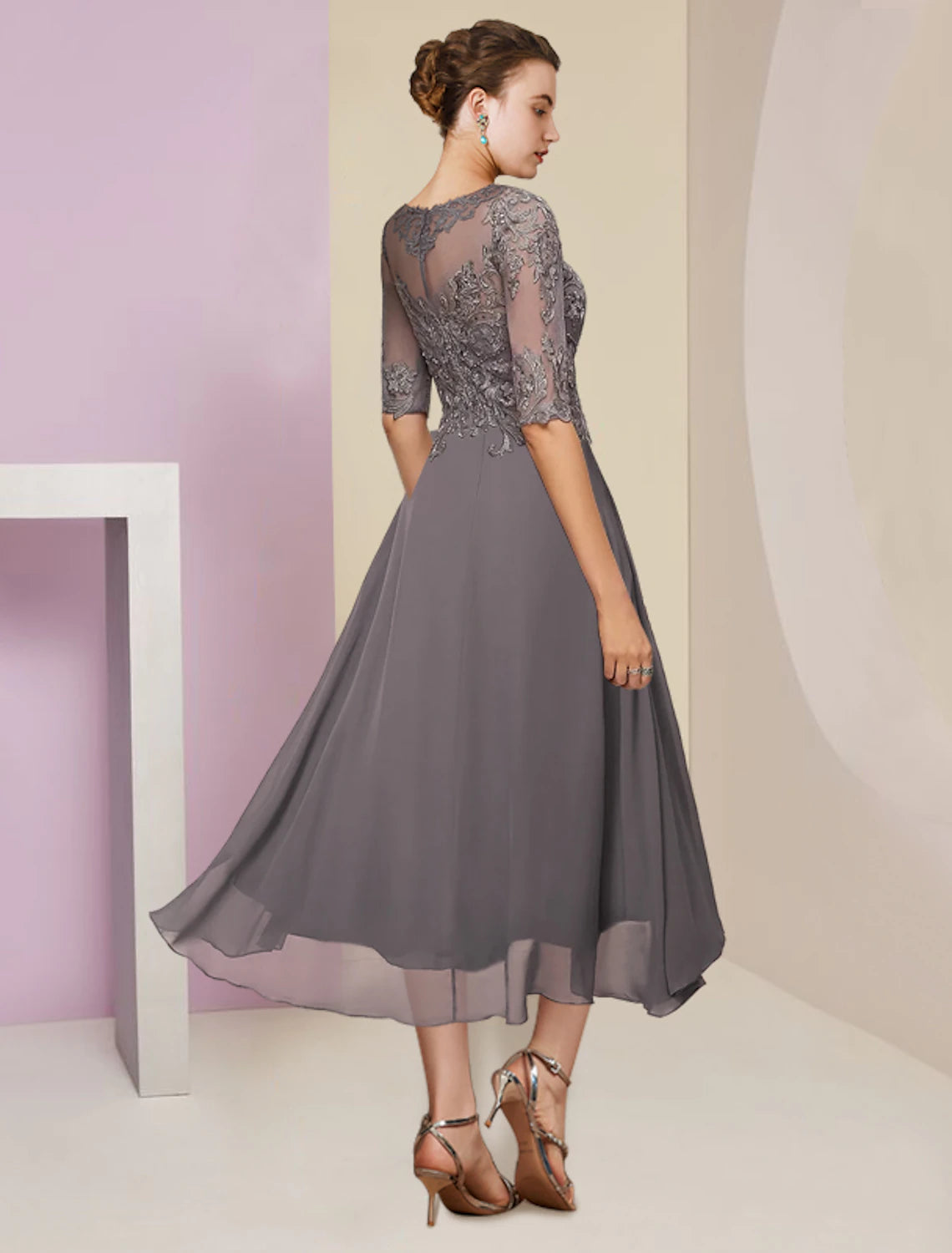 Elegant Two-Piece A-Line Scoop Neck Half Sleeve Chiffon Lace Tea Length Mother of the Bride Dress.