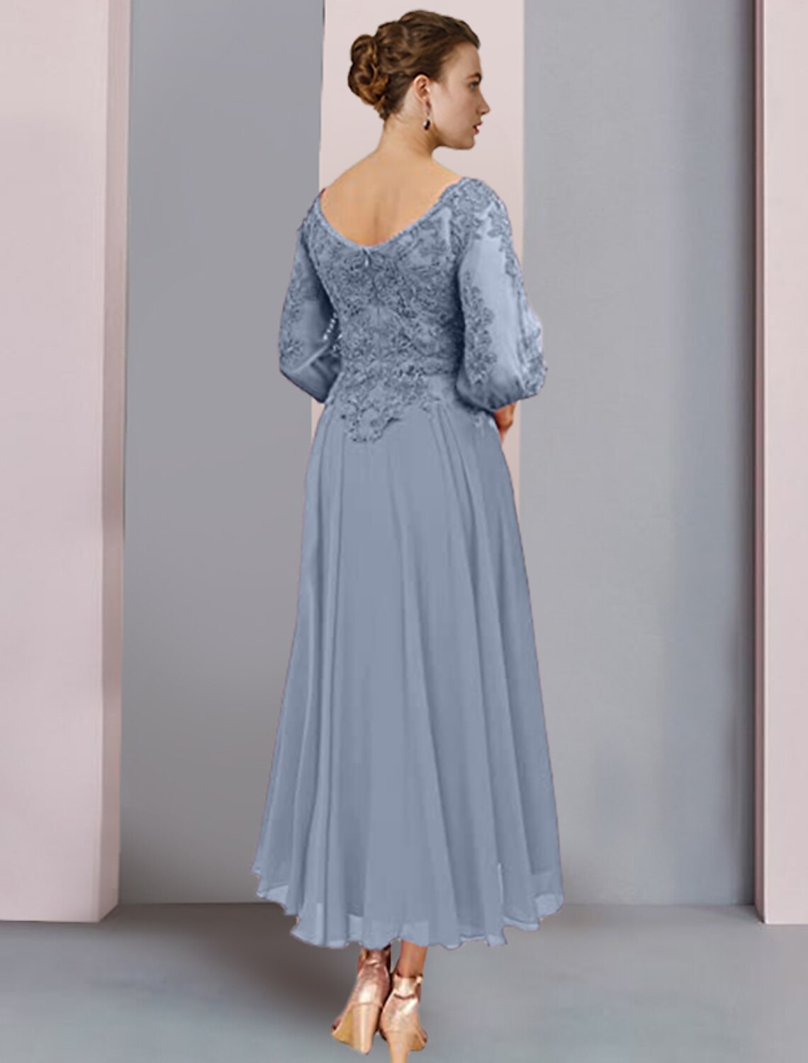 Model in a purple two-piece A-line formal dress featuring a V-neck and 3/4 lace sleeves.