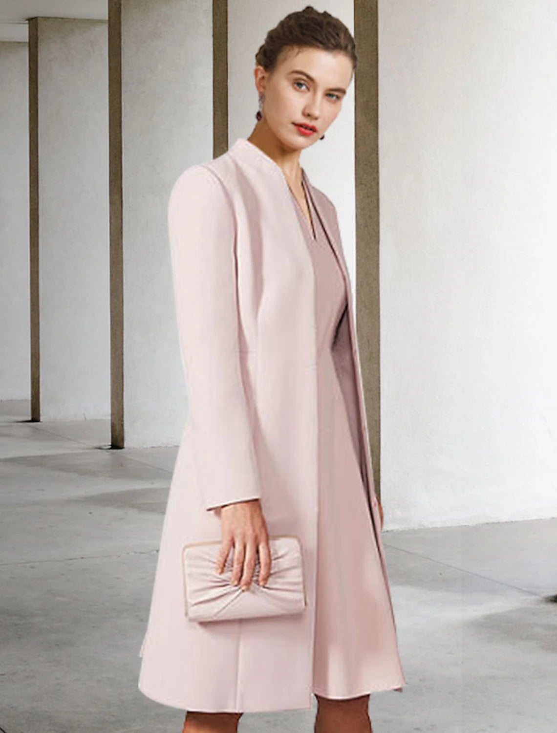 Side profile of the elegant two-piece A-line V-neck chiffon dress.