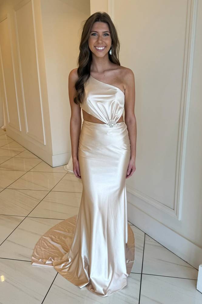 Elegant Two-Piece Mermaid One-Shoulder Sleeveless Cut-Out Floor-Length Prom Dress